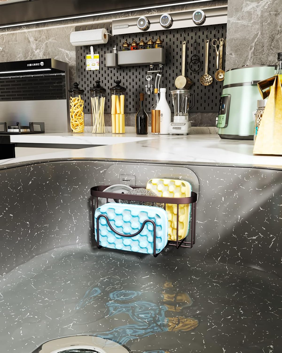 HapiRm Multifunctional Sponge Holder for Kitchen Sink with Unique M-Shaped, 2 Installation Methods Sink Caddy, Stainless Steel Kitchen Organizer for Sponge, Brush, Sink Stopper and Scraper -Bronze