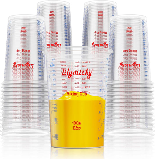 50 PACK Plastic Measuring Cups, 32 oz (1000ml) Disposable Mixing Cups, Measurement ratios: 2:1