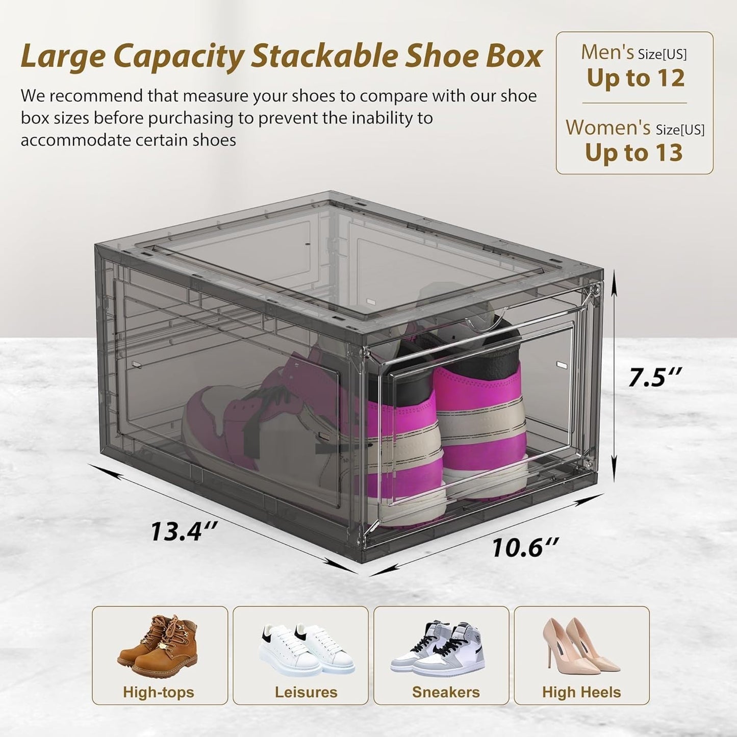 Mitees 10 Pack XX Large Thicken Sturdy Hard Plastic Clear Stackable Shoe Storage Boxes for Size 12, Sneaker Shoe Rack Containers Holders Bins Display Case Organizer for Closet, Grey02