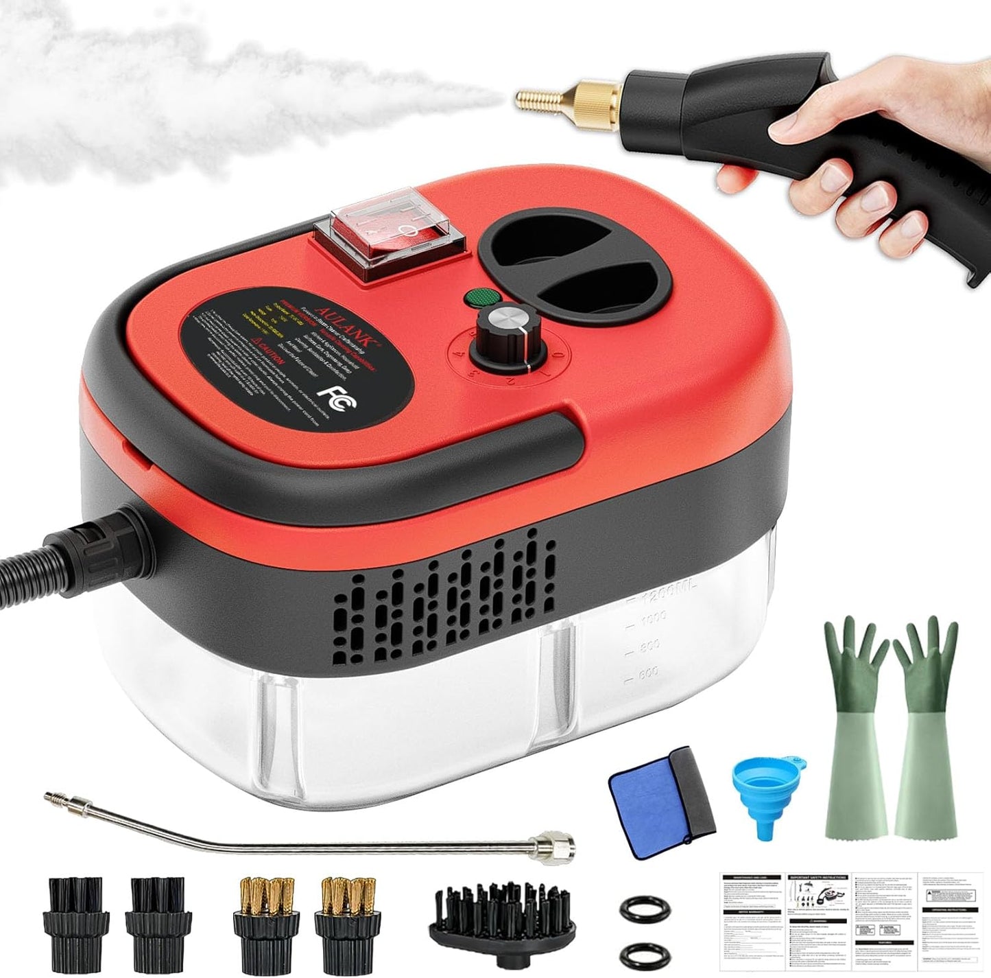 2500W Handheld Steam Cleaner,Portable Car Steamer For Auto Detailing,High-Temperature and Pressure Steam Cleaner For Home, Steam Cleaning Machine for Furniture,Kitchen,Grout,Floor,Tile (Red)