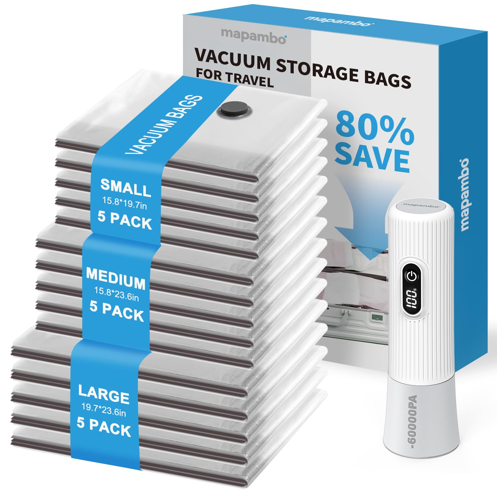 Mapambo Travel Vacuum Bags with -60000Pa LED Pump, 15 Pack Vacuum Seal Bags for Clothing Travel in