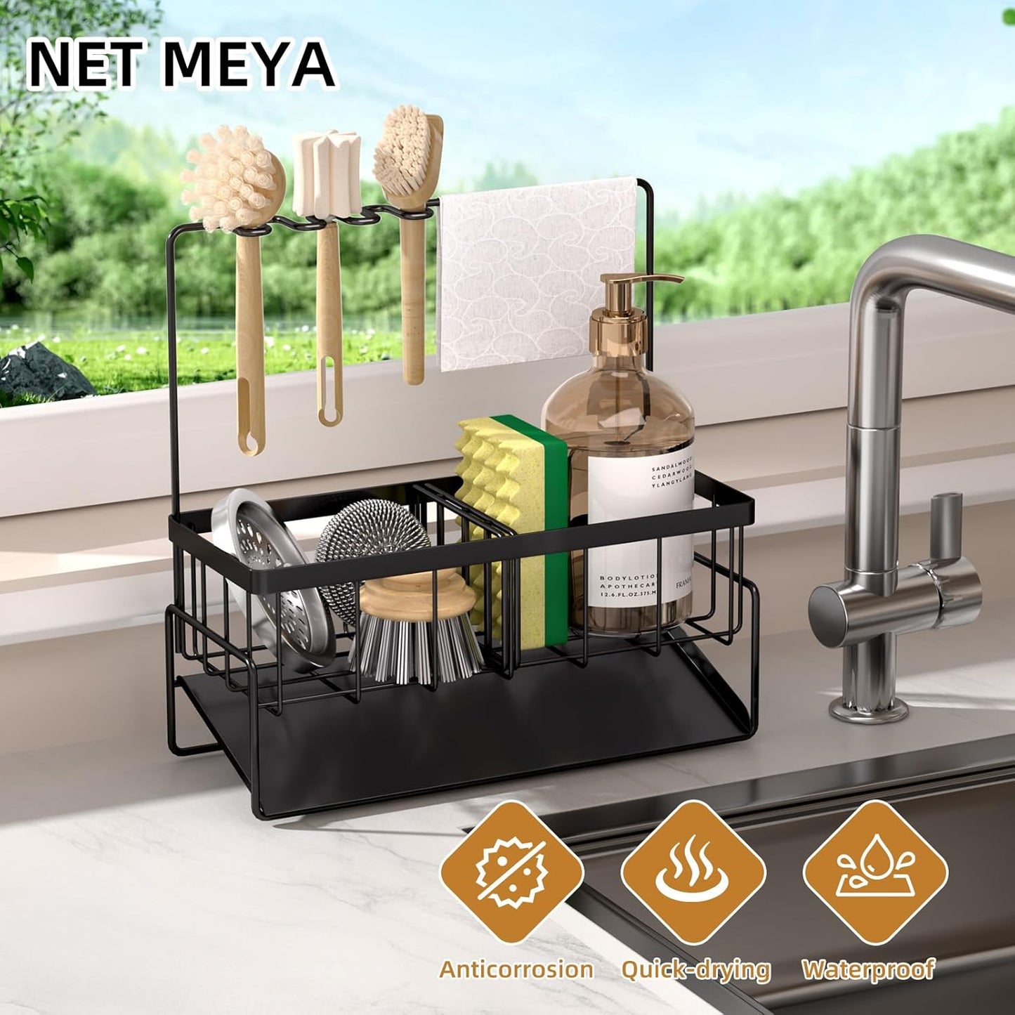 NET MEYA Sponge Holder for Kitchen Sink,Stainless Steel Sink Caddy With Brush Holder and Dishcloth Holder,Sink Oragnizer Kitchen Countertop Dish Soap Dispenser Set,Multifunctional Sink Organizer Caddy