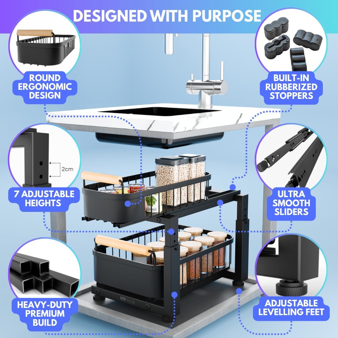 Premium Heavy Duty Carbon Steel Under Sink Organizer, 2 Tier Pull Out Cabinet Organizer, 7 Adjustable Heights with Smooth Ball Bearing Sliding Baskets for Bathroom & Kitchen