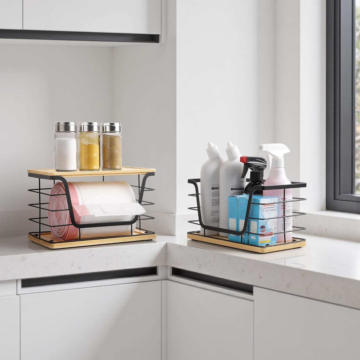 ALOCEO 2 Pack Large Garbage Bag Dispenser for 13/30/33 Gallon Bags, Potato and Onion Storage Baskets with Bamboo Lid, Stainless Steel Stackable Storage Bins for Kitchen Laundry Pantry Room