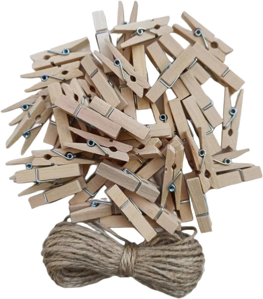 50PCS Small Wooden Clothespins for Pictures with Jute Twine Miniature Clothes Pins for Crafts Decor