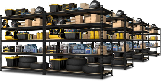 PrimeZone 48" W x 24" D x 72" H Heavy Duty Storage Shelves, 5 Tier Adjustable Garage Shelving Unit, Metal Organizer Shelf Utility Rack for Warehouse Pantry Closet Kitchen, Black, 8 Pack