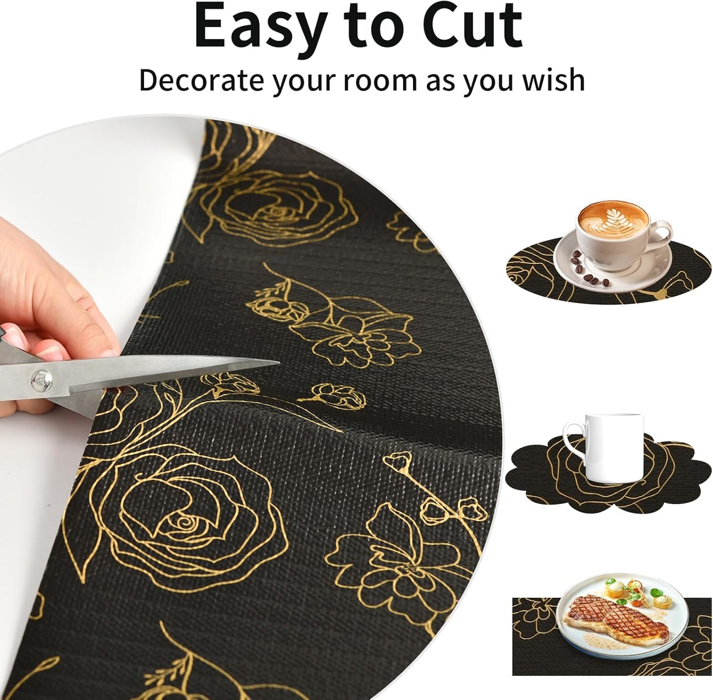 Shelf Liners for Kitchen Cabinets 17.5in x 20FT Non Adhesive Drawer Liner Black Floral Thickened Shelf Liner Paper Strong Non-Slip Easy to Clean for Tool Box Refrigerator with Knife and Tape Measure