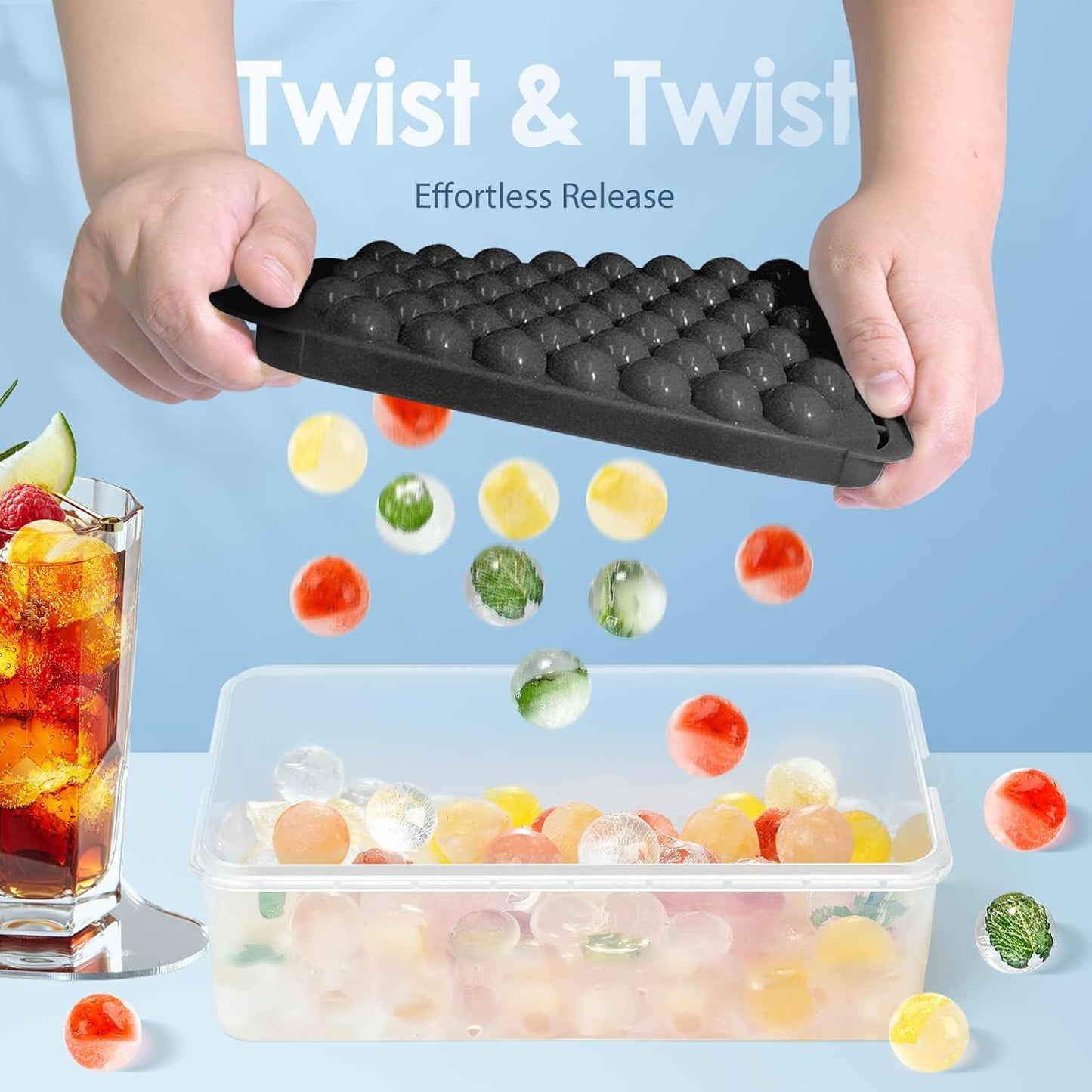 WIBIMEN Ice Cube Tray with Lid and Bin - Round Ice Trays for Freezer with Lid - Ice Cube Trays for Freezer with Ice Container (0.8"-2PACK Black)