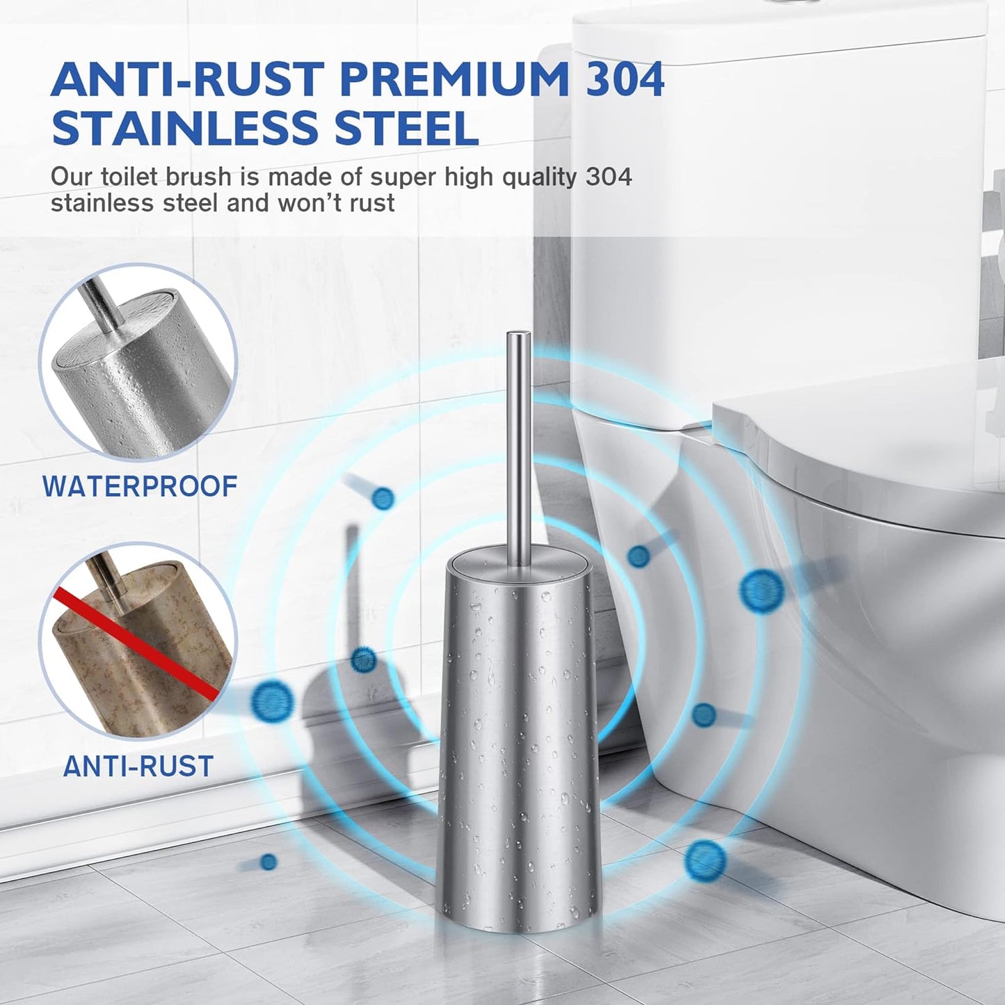 Toilet Brush and Holder, 2 Pack Toilet Brush Stainless Steel, Toilet Bowl Brush for Bathroom Toilet-Ergonomic, Elegant,Durable (Silver)