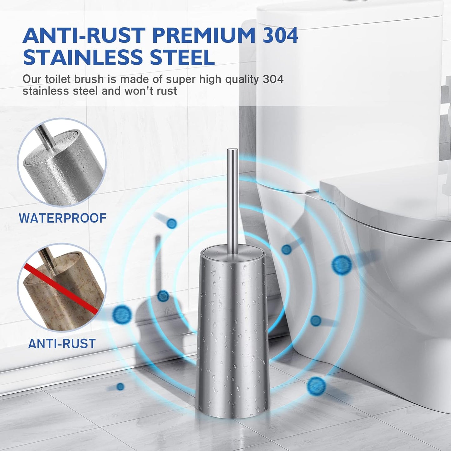 Toilet Brush and Holder, Toilet Brush 304 Stainless Steel, Toilet Bowl Brush for Bathroom Toilet-Ergonomic, Elegant,Durable