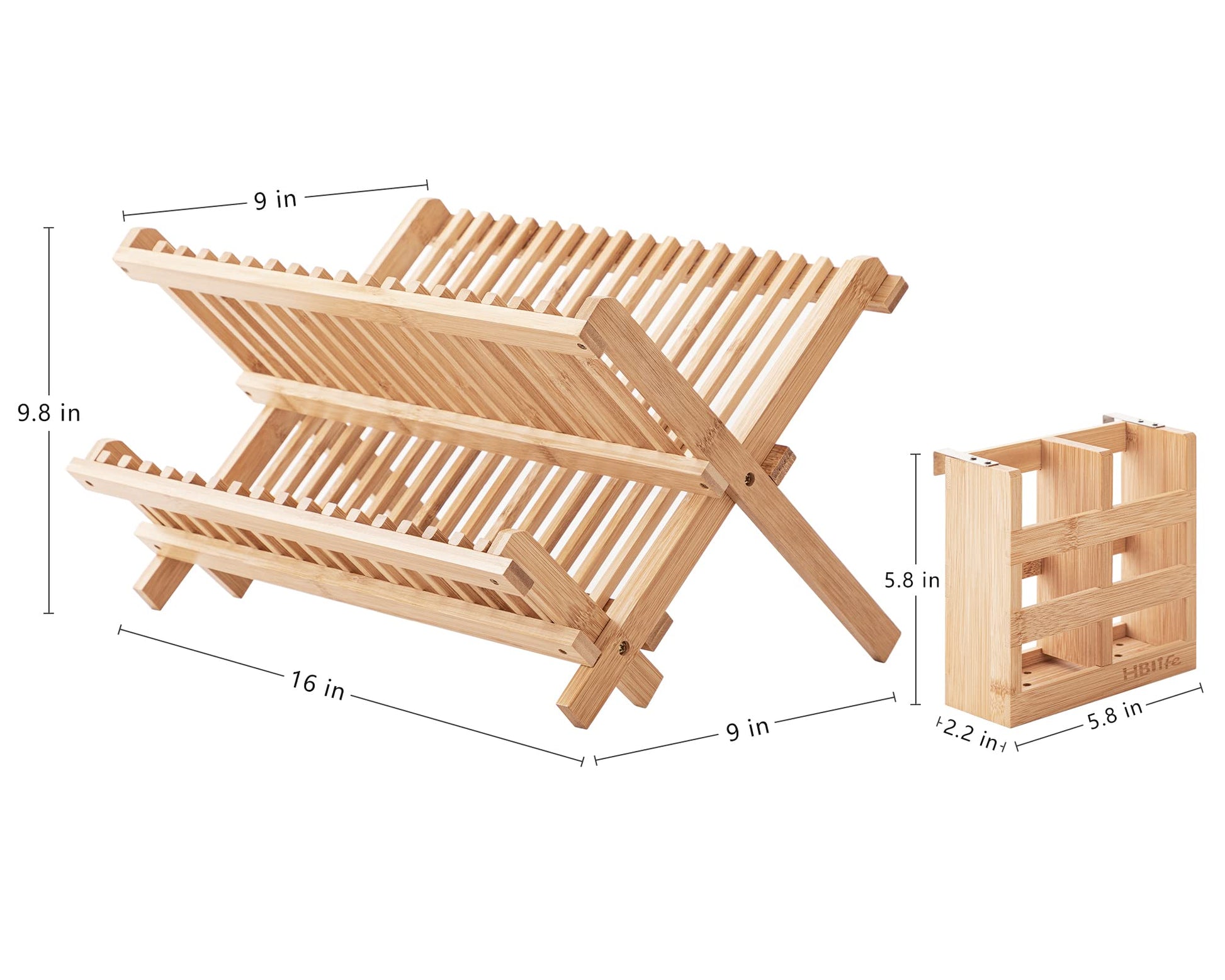 HBlife Dish Rack, Bamboo Folding 2-Tier Collapsible Drainer Dish Drying Rack with Utensils Flatware