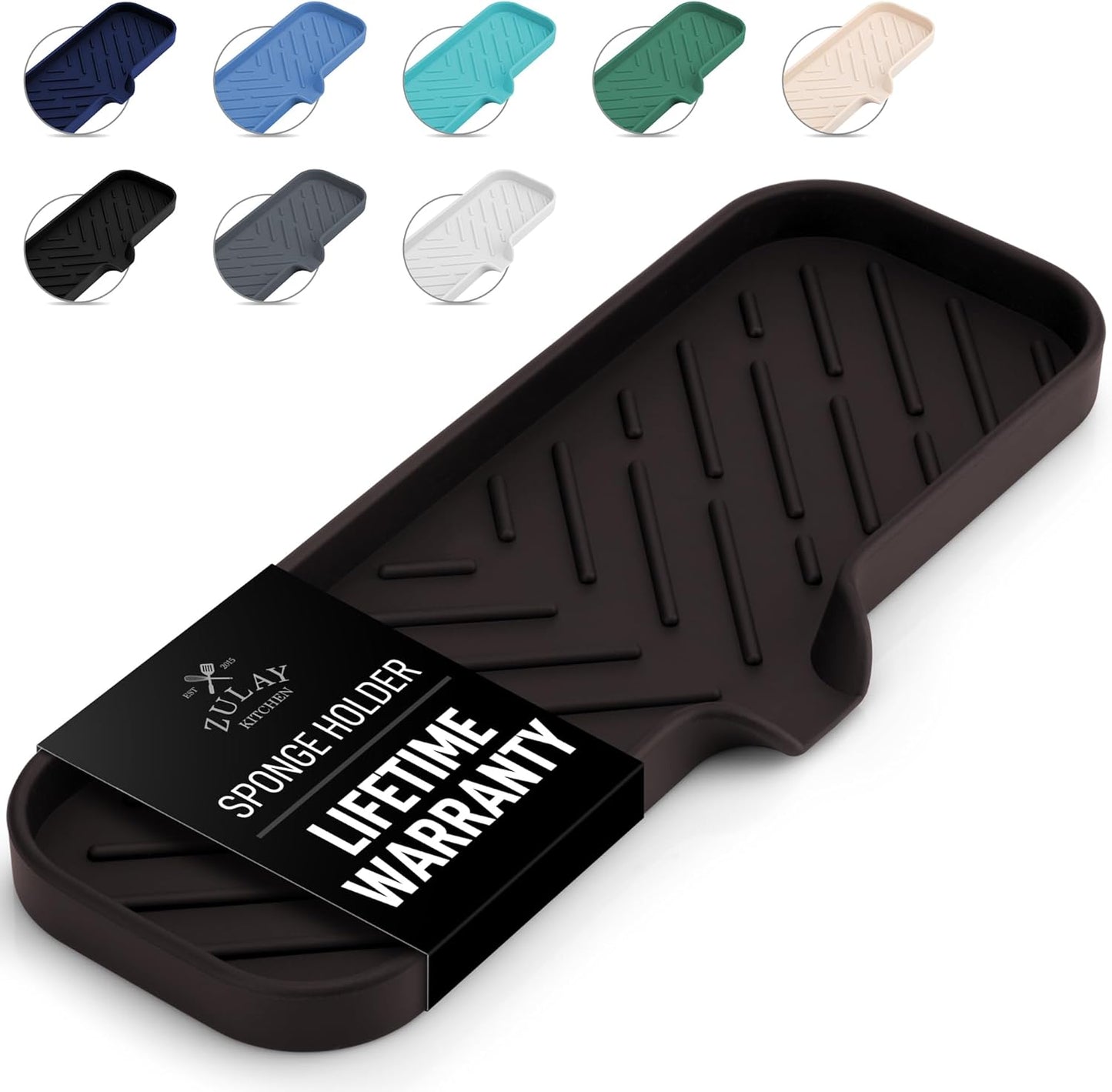 Zulay Large Silicone Sponge Holder (12x4) – Flexible Sink Organizer Tray for Kitchen & Bathroom – Multipurpose Soap Dish for Sponges, Makeup, Trinkets & More (Chocolate)