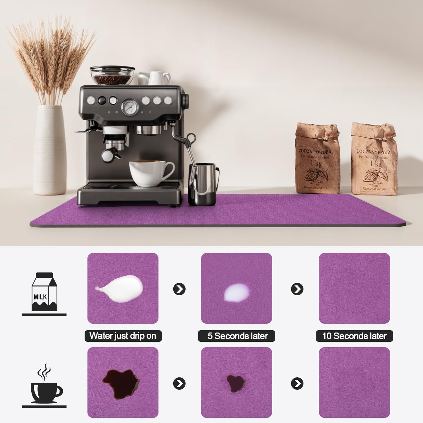 Dish Drying Mat for Kitchen Counter | Coffee Bar Mat for Countertops | Heat Resistant Drainer Mat with Non-slip Rubber Backed | Hide Stain Kitchen Absorbent Draining Mat | Purple 18"x28"