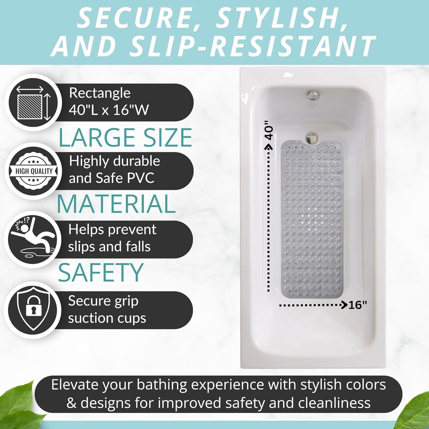 ENKOSI Large Non Slip Bathtub & Shower Mat - Extra Long 40 x 16 Inch, Anti Slip Bathmats for Bathroom Tub (40x16 Grey 1-Pack)