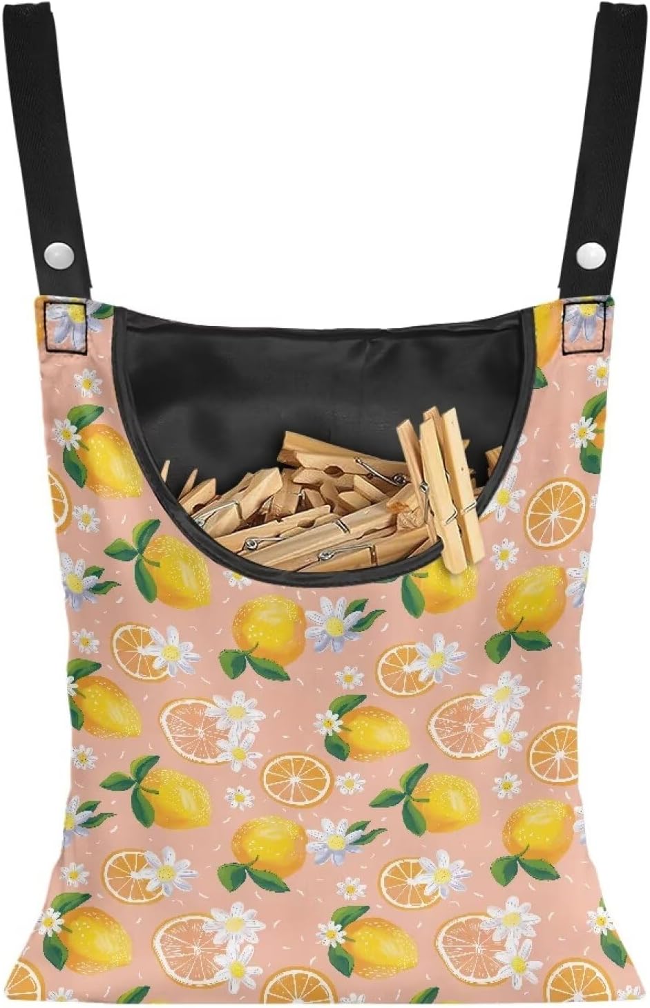 Lemon Print Clothespin Holder with Hanger Hook - Space-Saving Indoor and Outdoor Clothespin Organizer