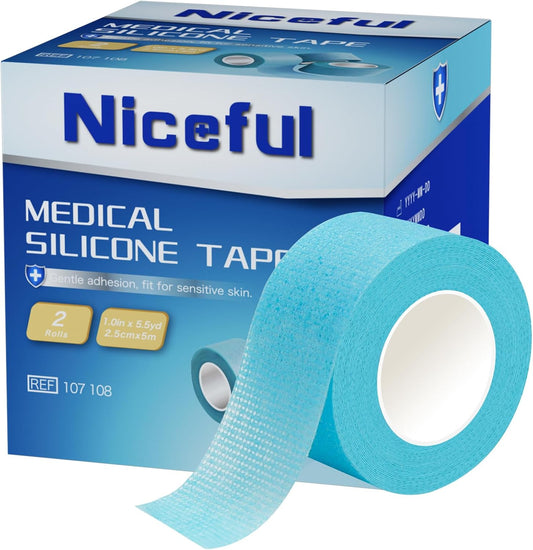 2 Rolls Silicone Medical Tape for Wound Care - Surgical Tape for Secures Dressings and Gauze, Blue