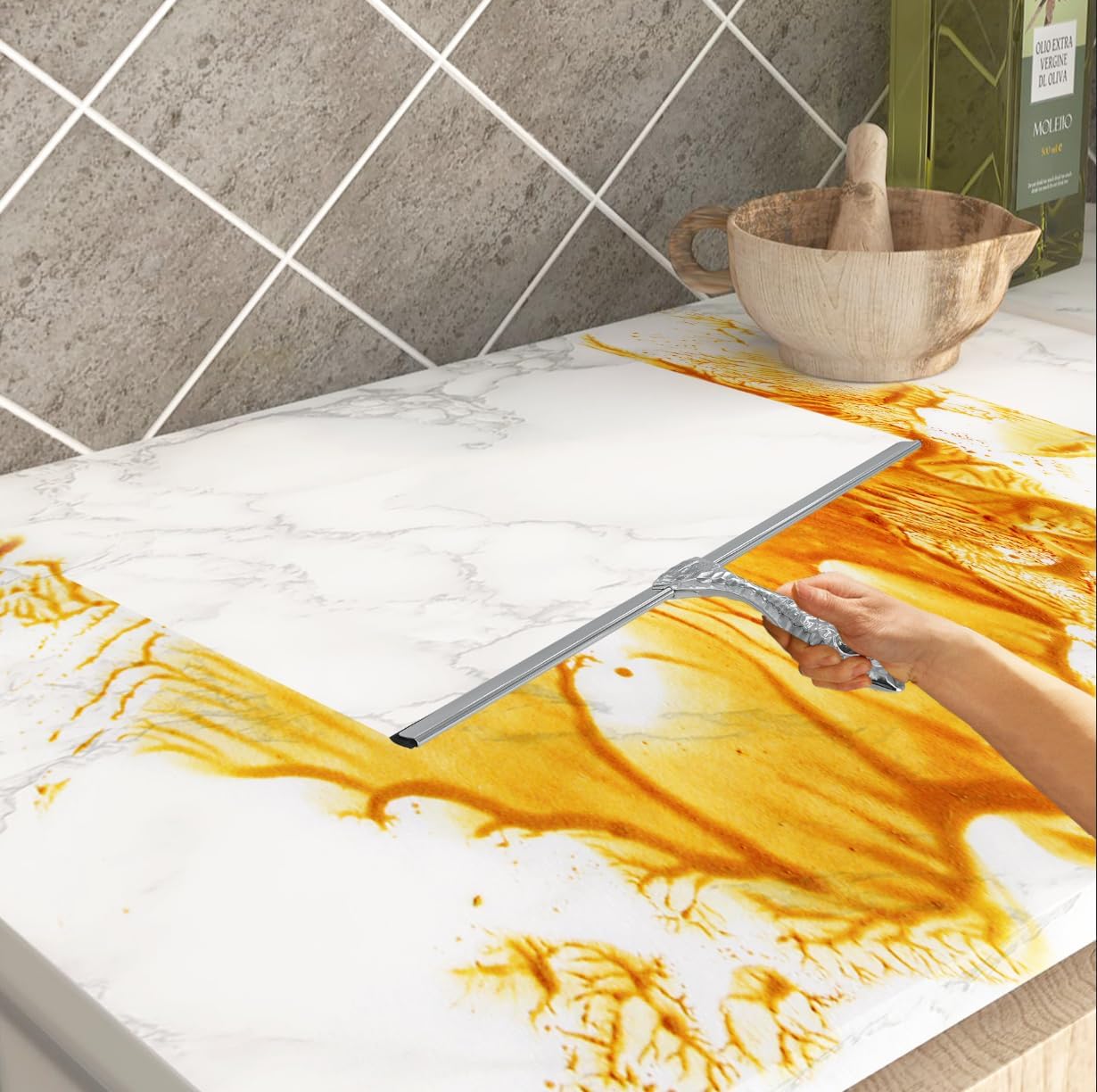 All-Purpose Silicone Shower Squeegee for Shower Glass Door,with 1 Hooks,for Bathroom Glass, Car, Tile Wall, Mirror Cleaning - Flower Shaped Handle for Easy-Grip 14 Inch Silver