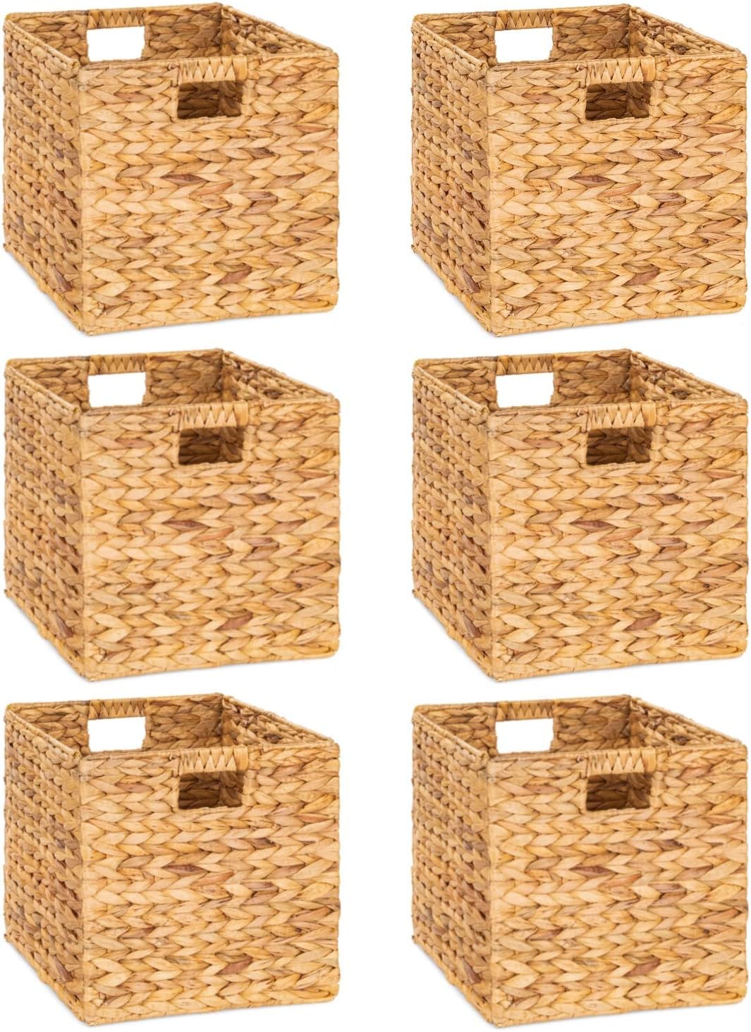 12 x 12in Water Hyacinth Storage Baskets, Wicker Storage Baskets for Shelves, Woven Baskets for Storage, Wicker Storage Basket for Bedroom, Living Room, Nursery Room (Natural 6 Packs 12x12in)