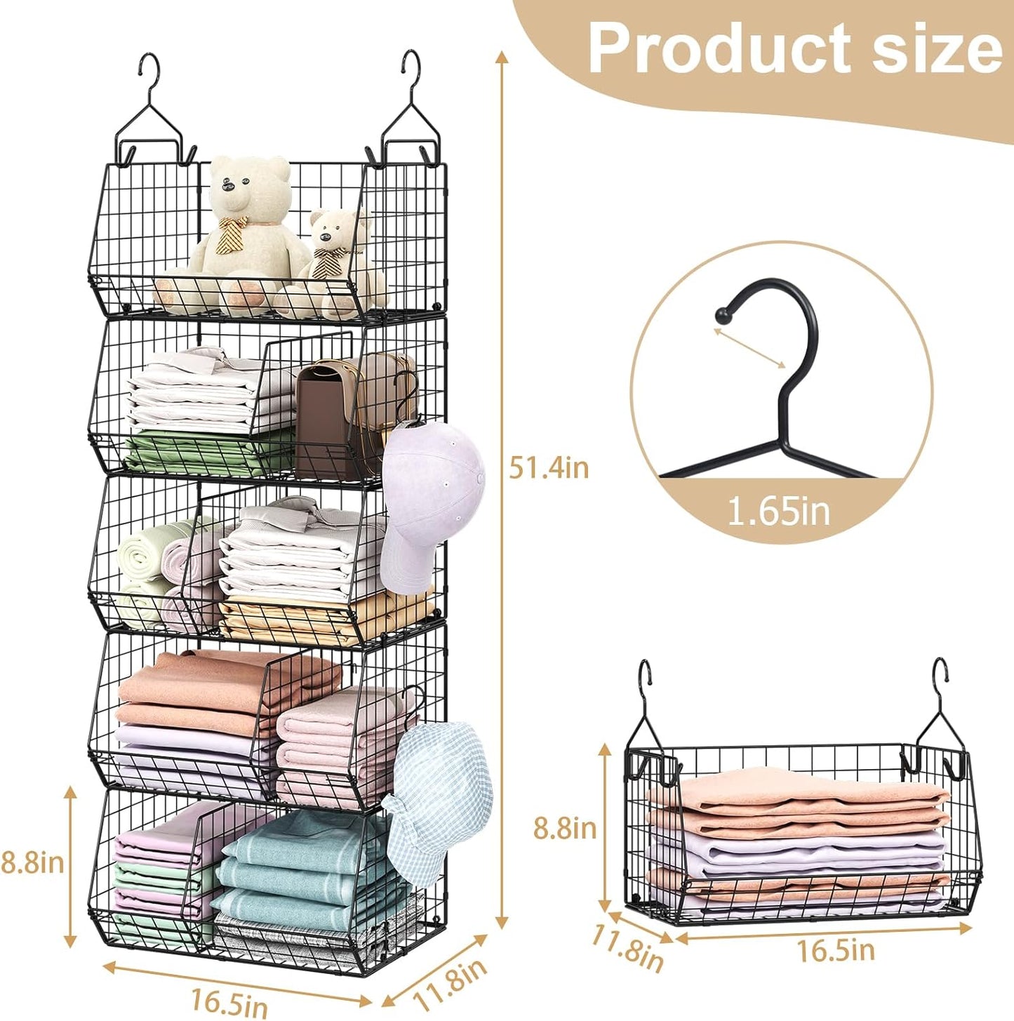 5 Tier Extra Large Closet Hanging Organizer with 5 Dividers,16.5"L x 11.8"W x 51.4"H Closet Organizers and Storage with 5 S Hooks,Clothes Organizer for Sweaters Clutches Handbags Hats Accessories