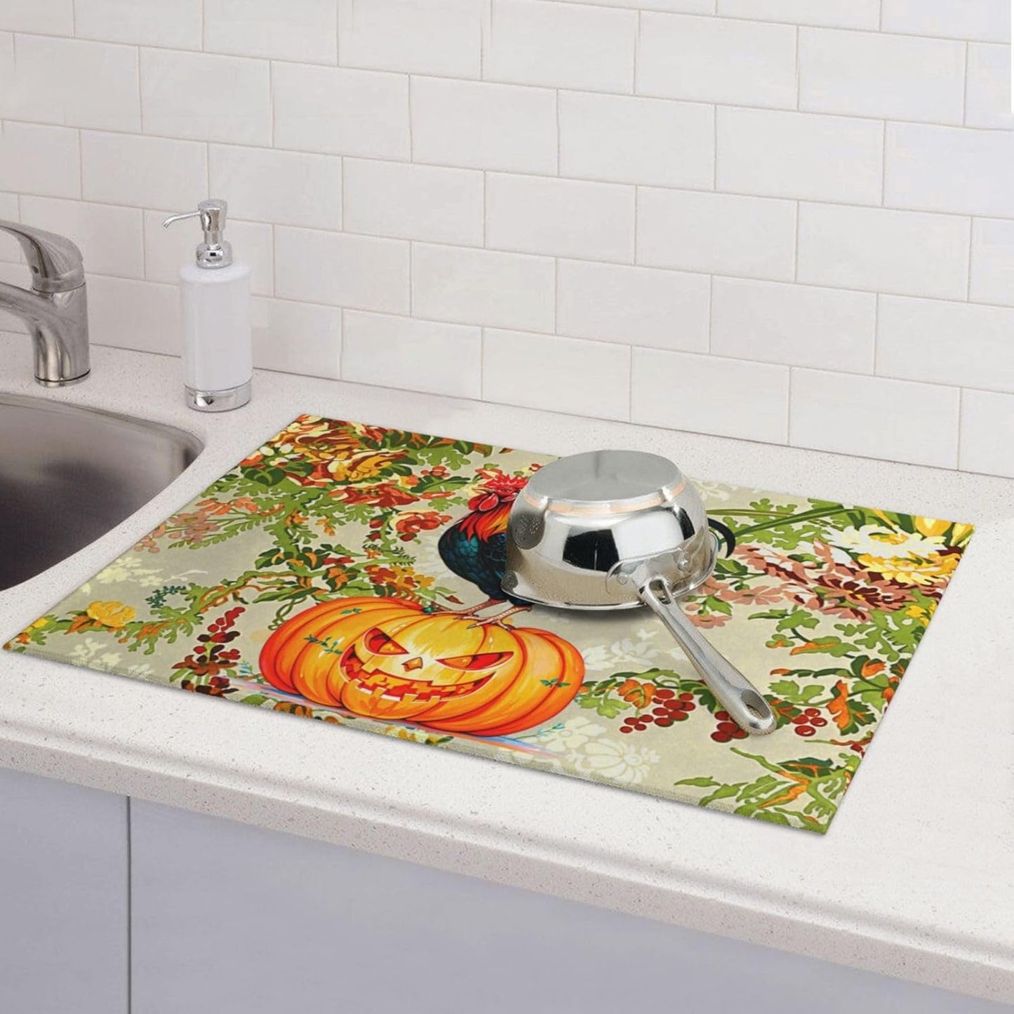 Rooster Pumpkin Dish Drying Mat Highly Absorbent Double-Sided Microfiber with Hanging Loop Reversible Drain Dish Rack Mat Drain Mat Suitable for Kitchen Countertop Coffee Bar 18 x 24 Inch
