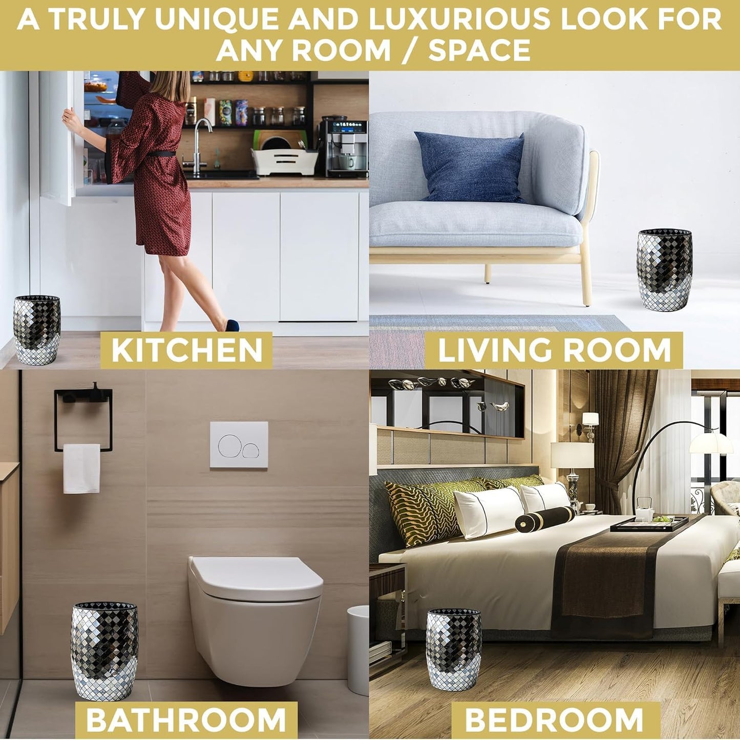 Escenzy Modern Bathroom Trash Can Mosaic Glass 5L | Decorative Small Garbage Can | 7" x 10" | Luxury Waste Basket for Restroom, Office, Bedroom & Kitchen | Shiny Black and Gold Bathroom Accessories