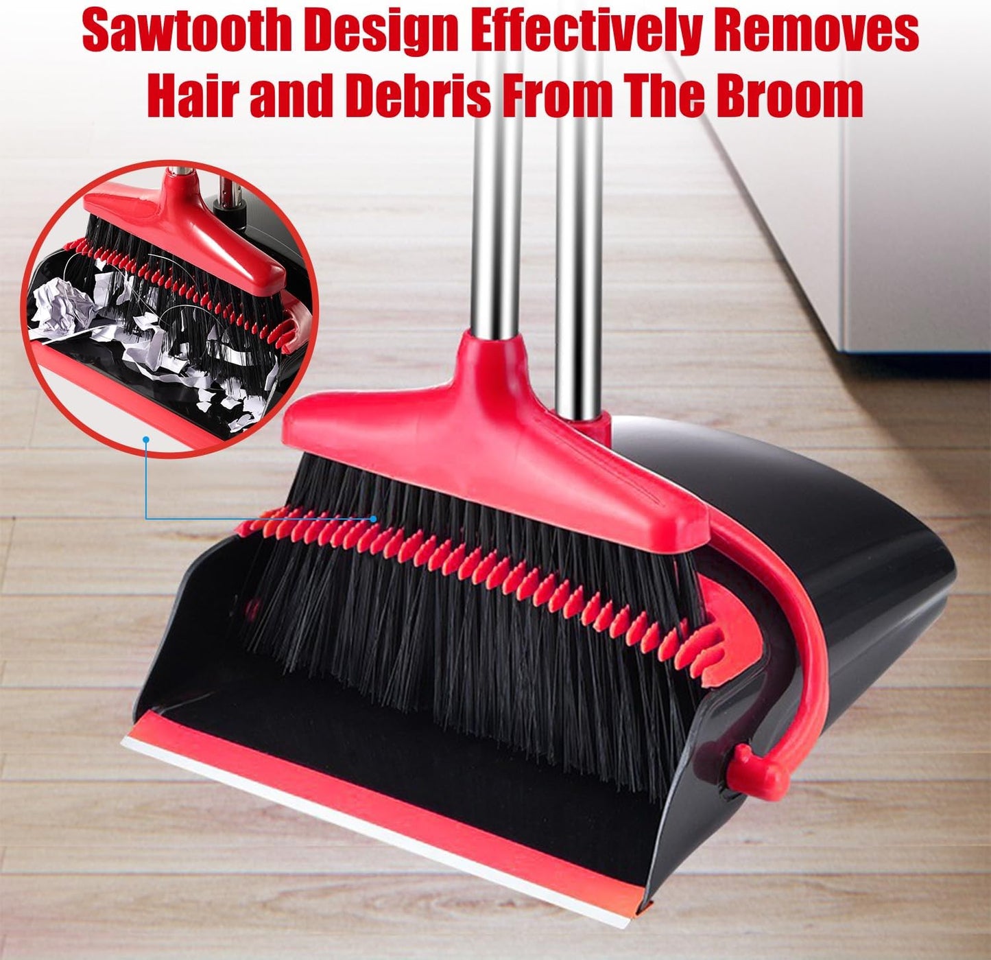 Broom and Dustpan Set with Long Handle – Upright Standing Broom Combo with Self-Cleaning Teeth & Windproof Dustpan, Floor Sweeper for Home, Kitchen, Pet Hair, Indoor Outdoor Use