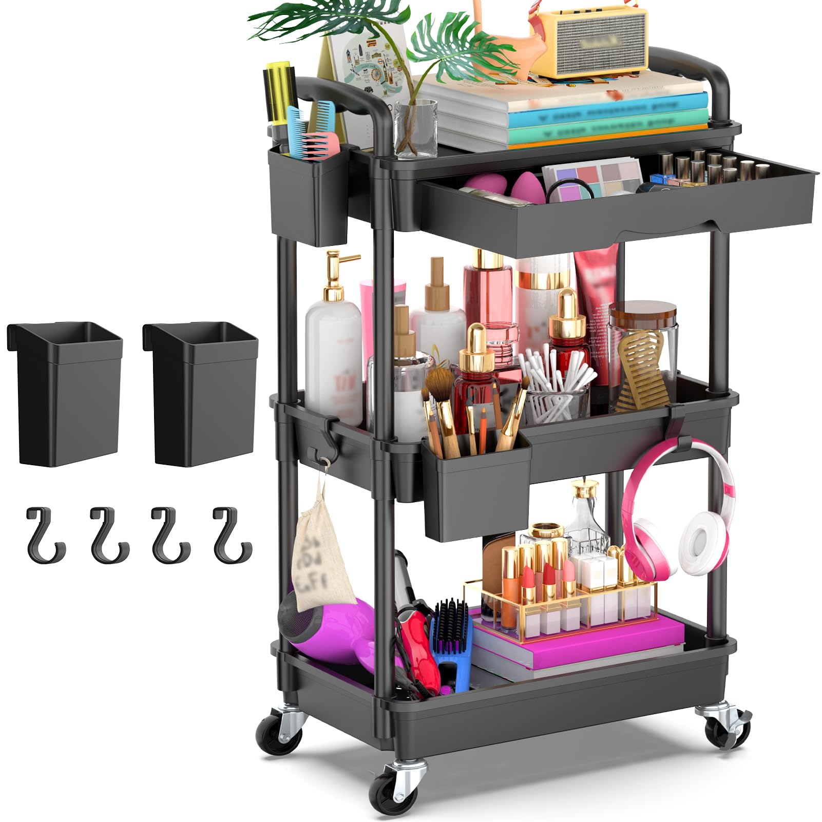 Goovilla 3 Tier Rolling Utility Cart Organizer with Removable Drawer, Black