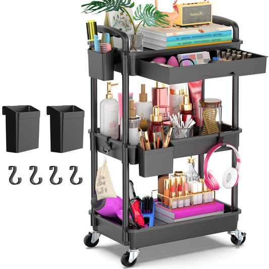 Goovilla 3 Tier Rolling Utility Cart Organizer with Removable Drawer, Black