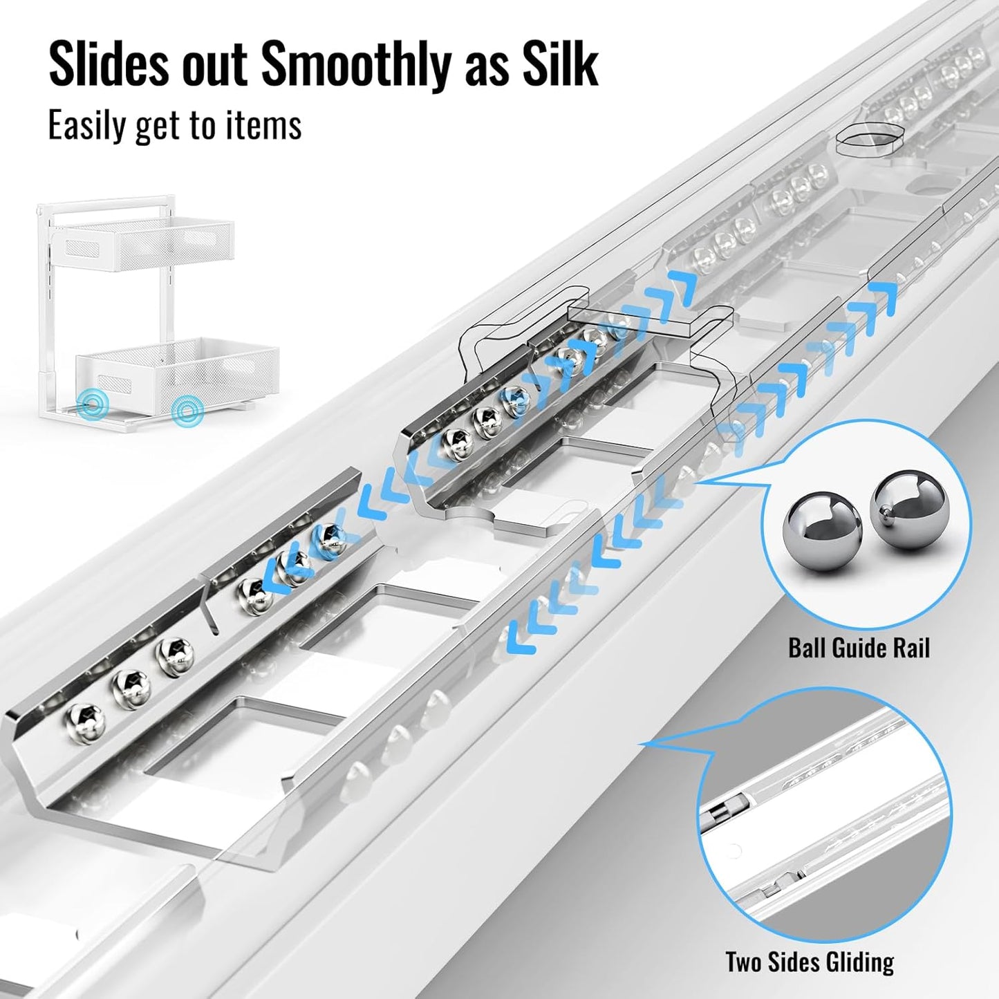 Full Metal Under Sink Organizer, Pull Out Cabinet Organizers and Storage, Silk-Smooth Sliding Drawer for Kitchen, Bathroom, Pantry, Cabinet, Closet (White, 2 Pack)
