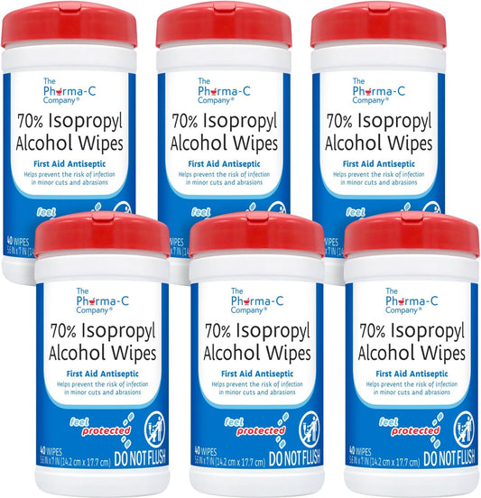The Pharma-C Company -70% Isopropyl Alcohol Wipes [6 pack - 40ct Canisters] - Bulk IPA First Aid Antiseptic Wound Cleaner with Moisture Lock Lid. For minor cuts, scrapes, and burns.