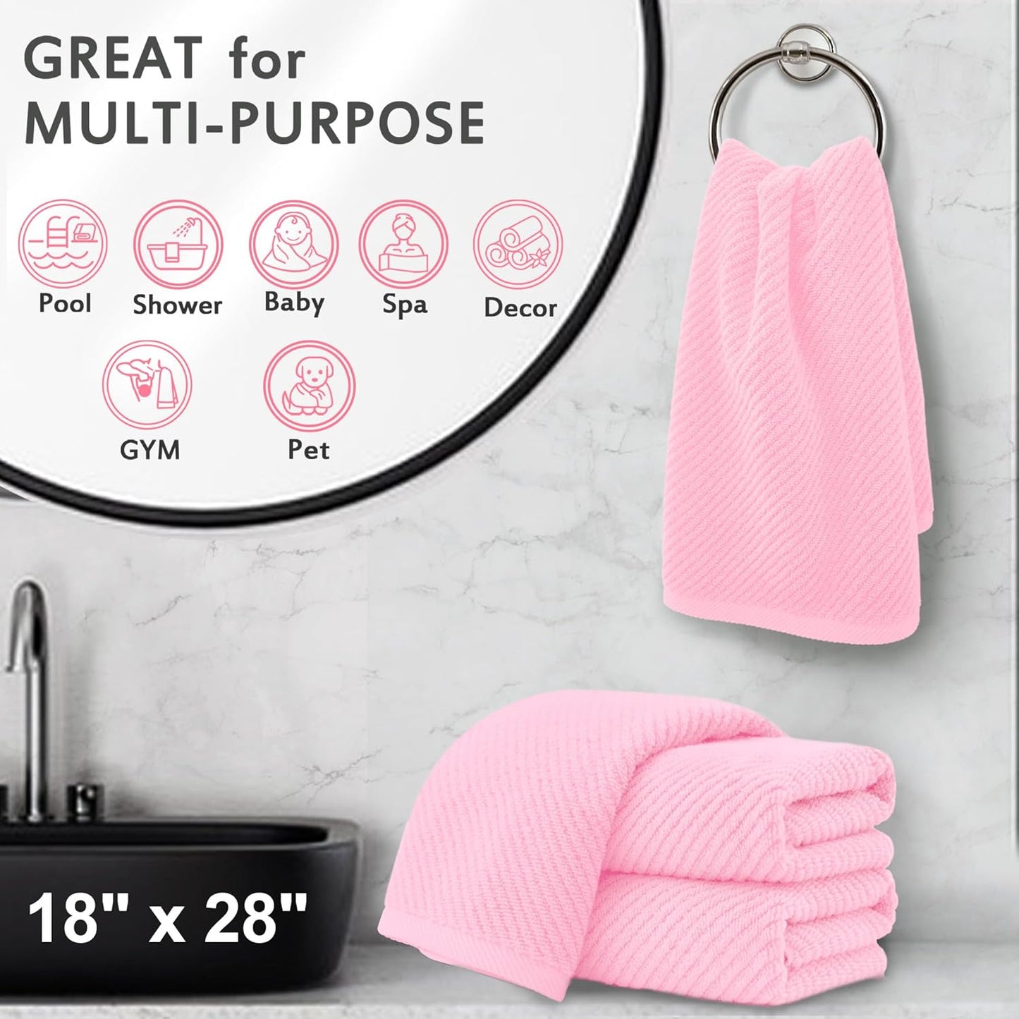 VOOVA & MOVAS Pink Bathroom Hand Towels Set of 4, Large 18" x 28" - 100% Cotton | Quick Dry | Light Weight | Thick | Soft | Absorption, Luxury Hand Towels for Showering, Bathroom Essentials Set