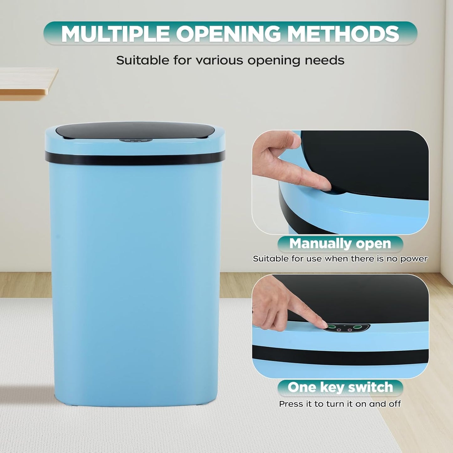 Automatic Motion Sensor Bathroom Trash Can with Lid, 13 Gallon Touchless Trash Bin, Smart Dog Proof Garbage Can, Touch Free Waste Basket for Toilet, Office, Bedroom,Blue