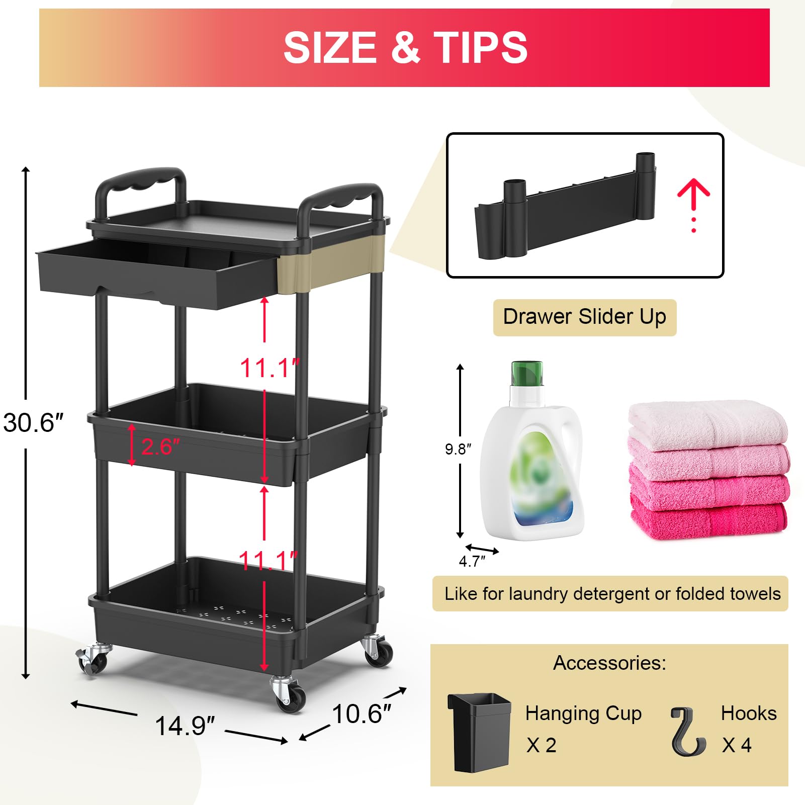 Goovilla 3 Tier Rolling Utility Cart Organizer with Removable Drawer, Black