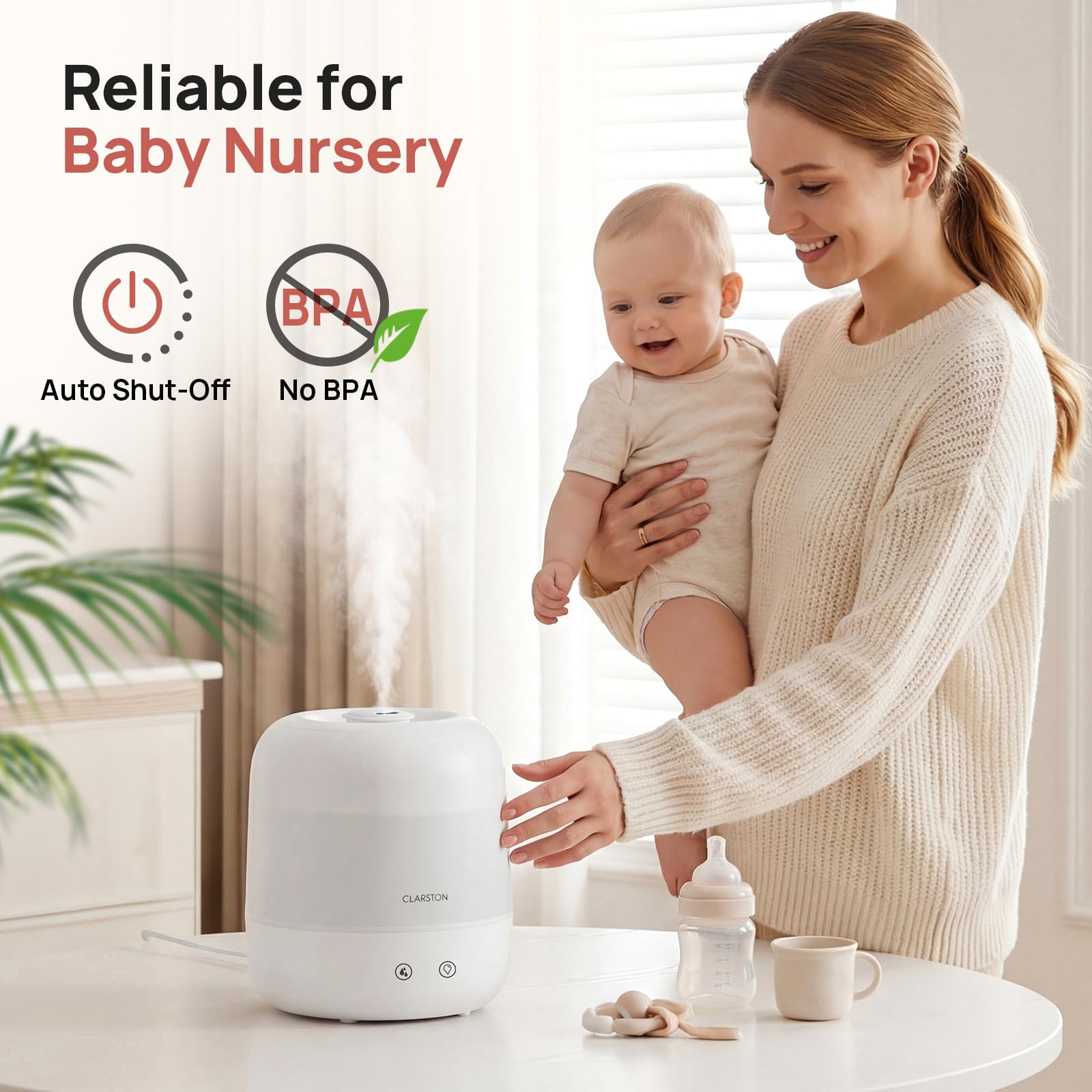 Clarston Humidifiers for Bedroom, 2L Cool Mist Humidifier, 24dB Quiet Sleep