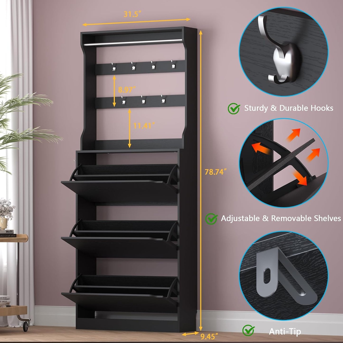 Shoe Cabinet with 3 Flip Drawers & Coat Rack, Narrow Hidden Shoe Storage Cabinet, 2-in-1 Hall Tree Slim Freestanding Shoe Rack Organizer for Entryway, Hallway, and Living Room