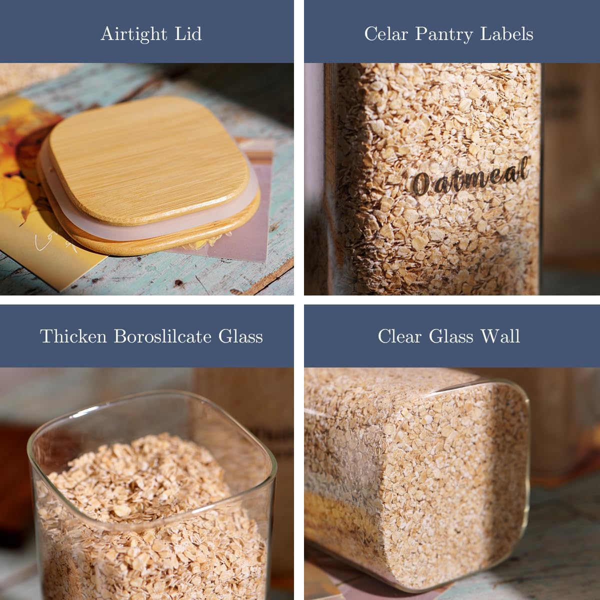3 Pcs Square Glass Pantry Storage Containers with Bamboo Airtight Lid and 248 Clear Pantry Labels Preprinted - 52oz Thicken Glass Food Storage Jars for Coffee, Cookie, Tea, Sugar, Spice