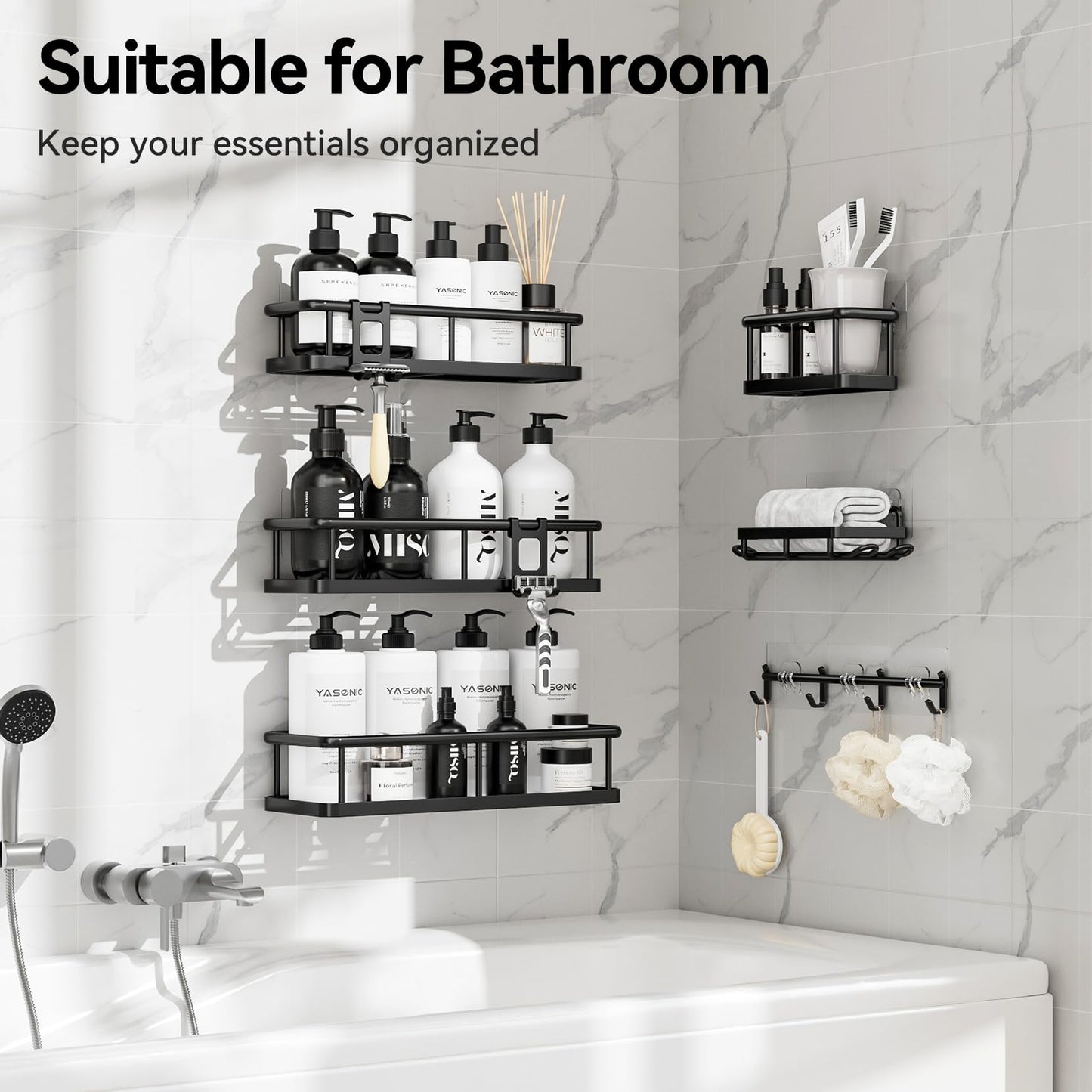 YASONIC Shower Caddy Adhesive, Rustproof Shower Organizer with Soap Holder, Large Capacity Shower