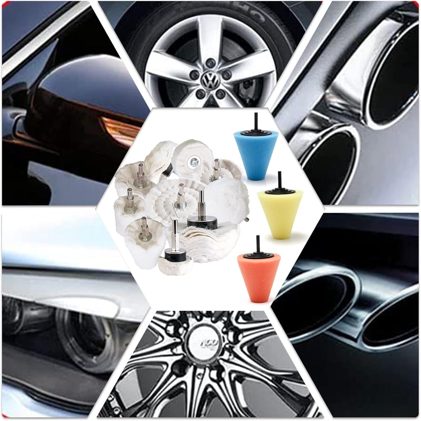 Polishing Pad Buffing Wheel Kit 17 Pack, for Drill for Metal Aluminum Stainless Steel Chrome Wood Plastic Ceramic Glass Woods Fabric Cotton Machine Jewelry etc