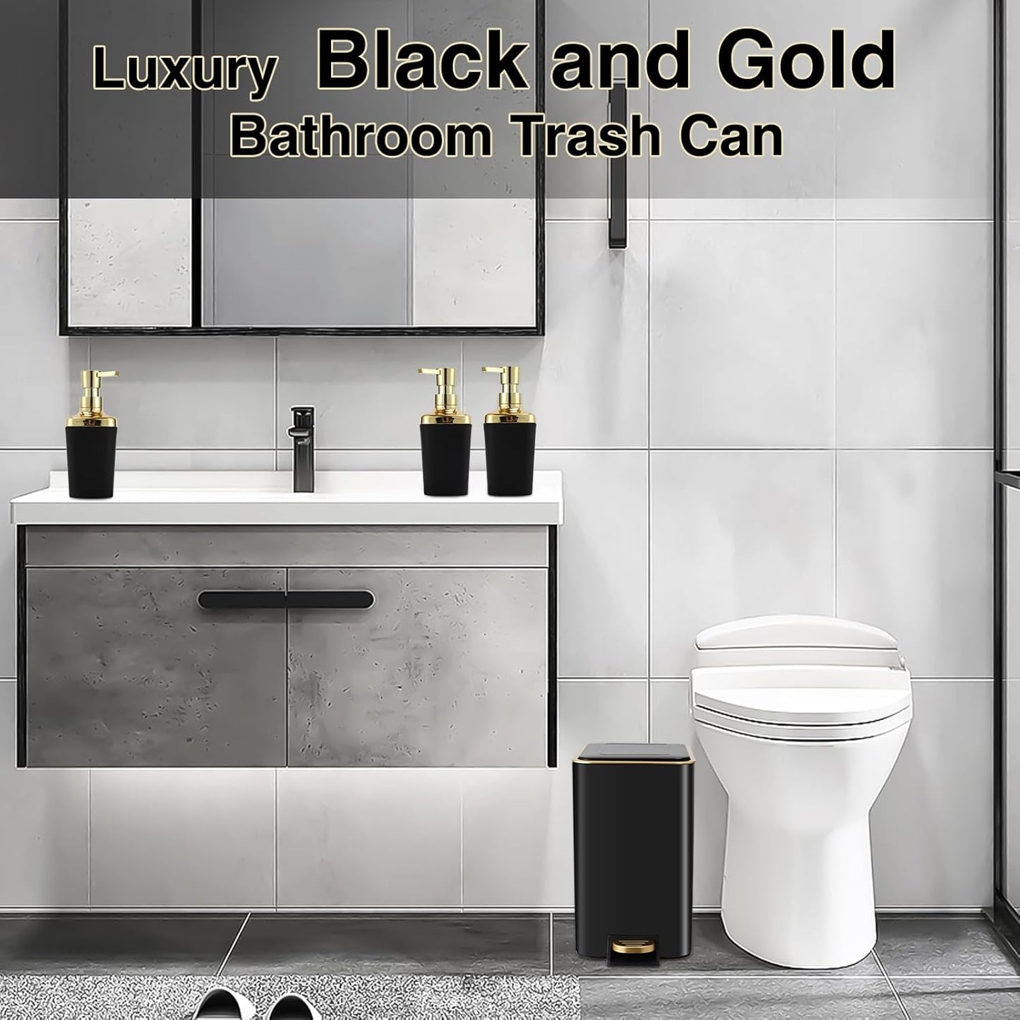 Small Bathroom Trash Can with Lid Soft Close, 1.8 Gallon Stainless Steel Garbage Can with Removable Inner Bucket,3PCS Soap Dispenser,75Count Trash Bag, Slim Step Pedal Trash Bins