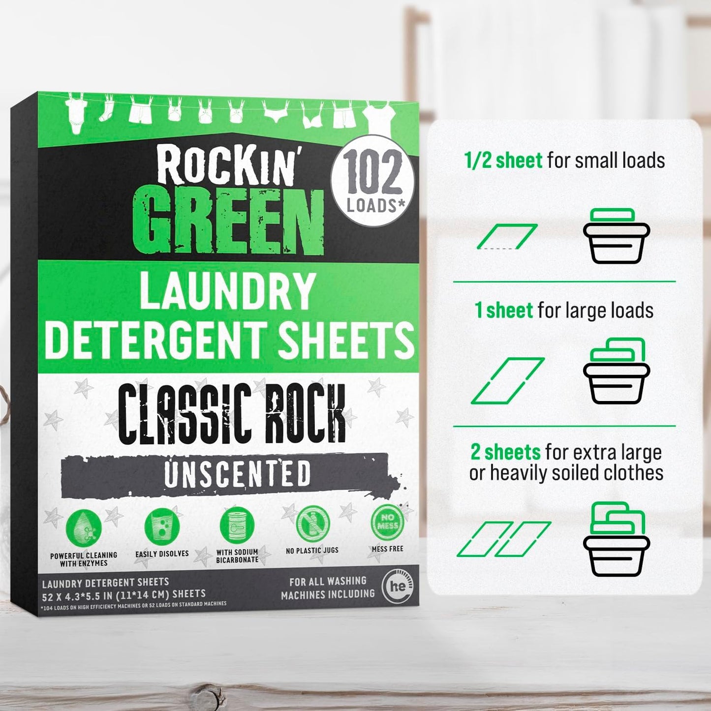 Rockin' Green Travel Laundry Detergent Sheets Unscented - Mess-Free Laundry Sheets Detergent Powerful Cleaning with Sodium Bicarbonate - Easily Dissolvable Laundry Soap Sheet (102 Loads, Unscented)