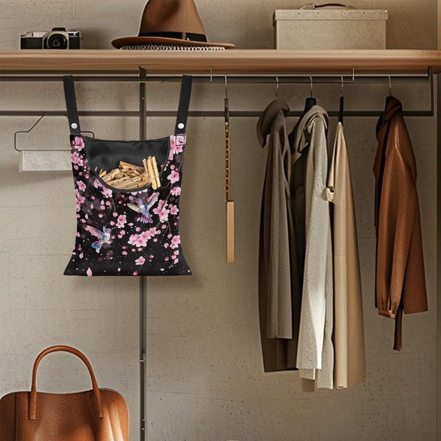 Waterproof Clothespin Bag with Hanger Hook Cherry Blossom Hummingbird - Large Opening Organizer for Balcony, Laundry Room & Apartment Use