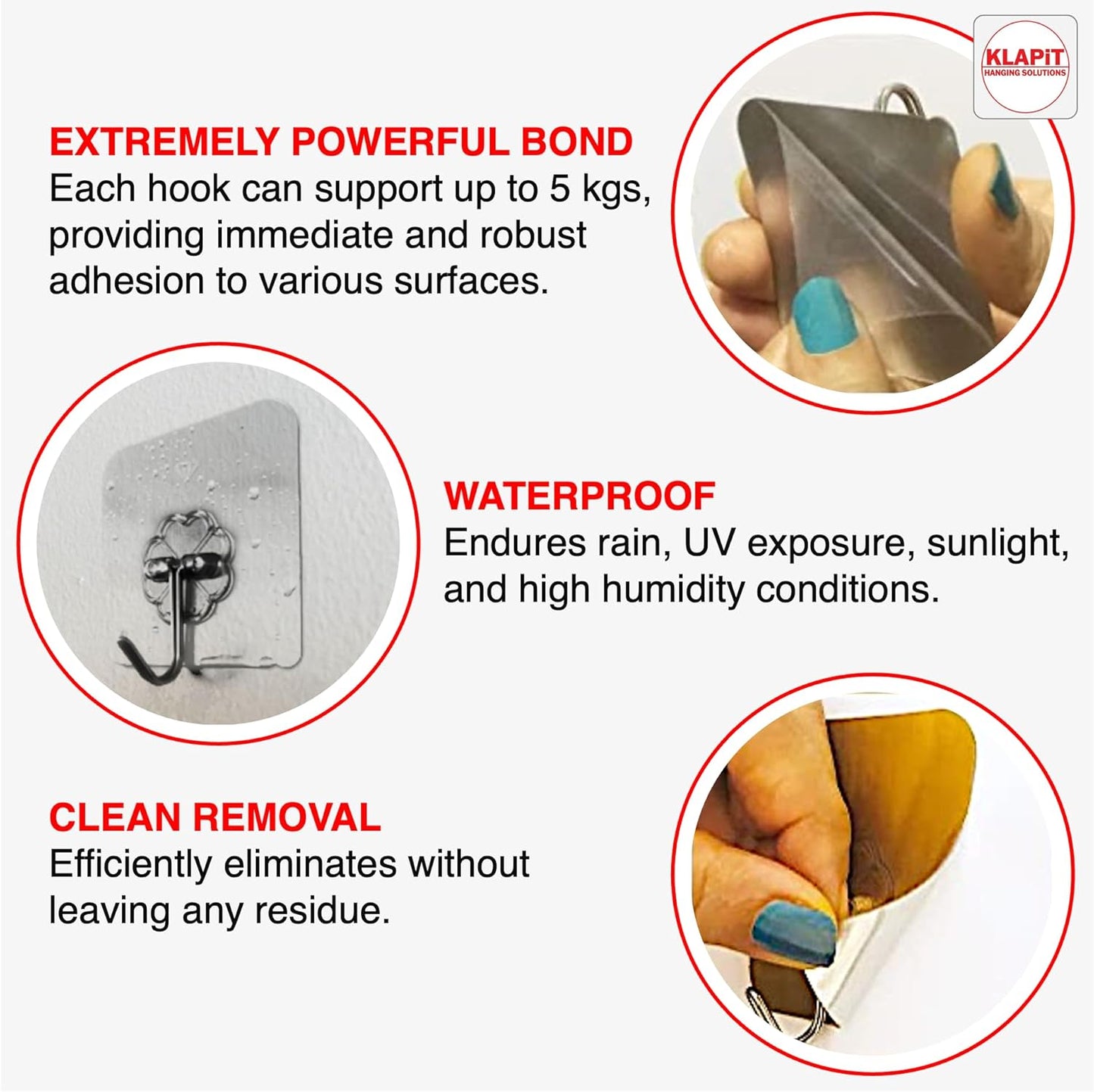 KLAPiT Super Hook - Heavy-Duty Adhesive Clear Wall Hooks, Holds Up to 11 lbs, Waterproof, No Damage, Easy Install on Tile, Wood, Stone, Glass & Metal - Made of Steel (Clear, 16pc)