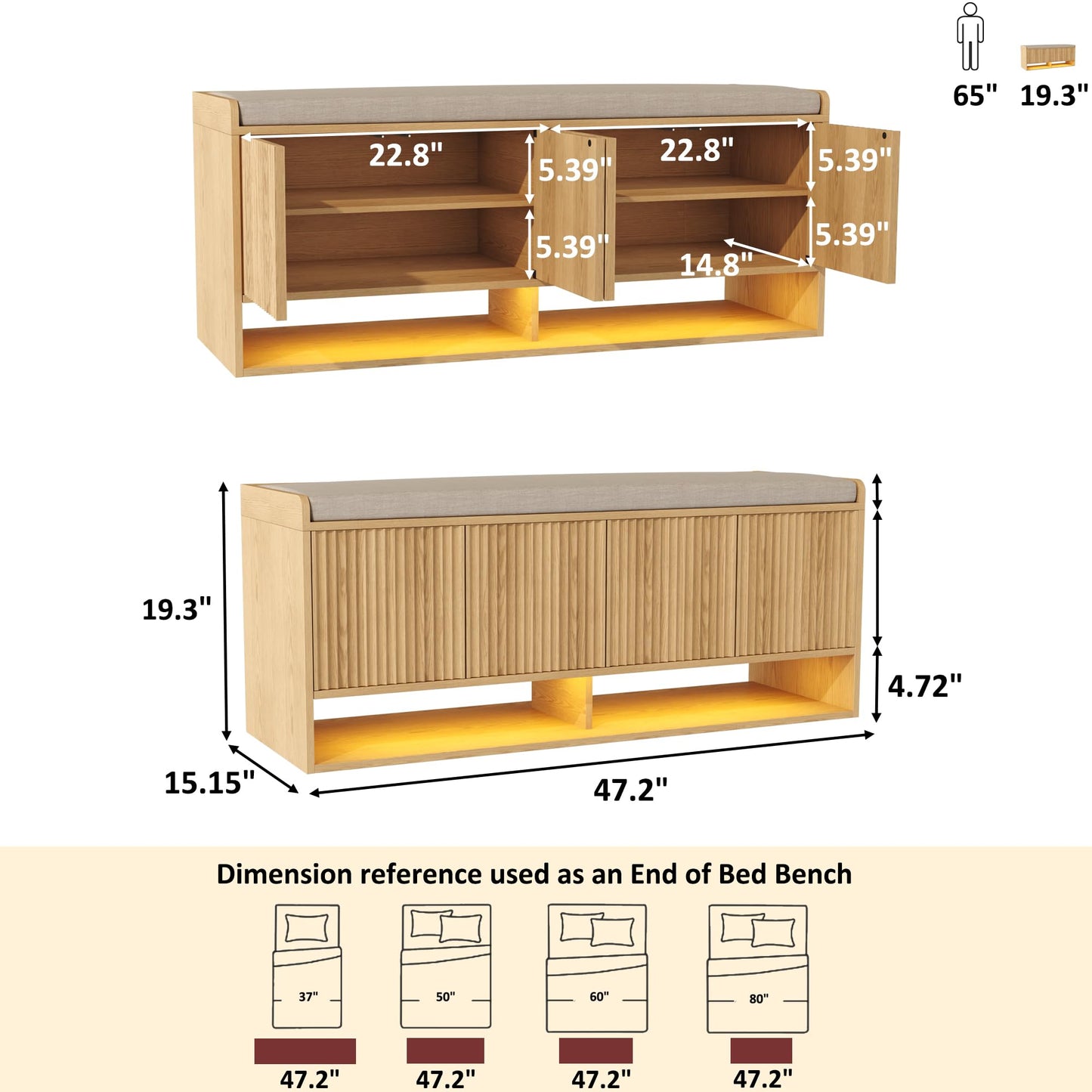 HOMEFORT 47.2" Fluted Shoe Storage Bench, Entryway Bench with Linen Seat Cushion, Shoe Cabinet