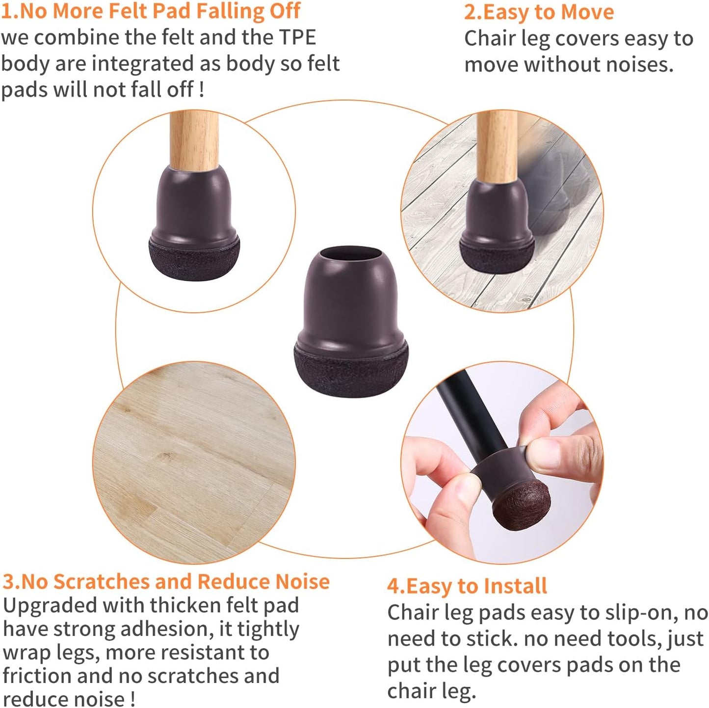 24 PCS Extra Small Silicone Chair Leg Floor Protectors with Felt, Chair Leg Caps, Felt Furniture Pads, Floor Protectors for Chair, Table Chair Leg Covers Cups, No Scratches (Fit 0.5"-0.8", Dark Brown)