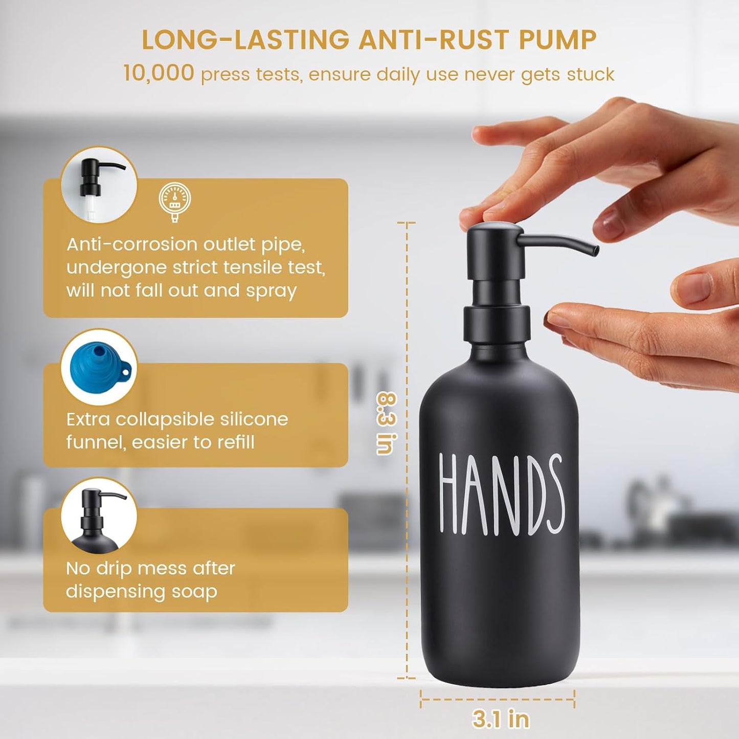 Glass Soap Dispenser for Kitchen,Farmhouse Dish &Hand Soap Dispenser Set, Rustproof Pump with Tray and Dish Brush,Kitchen Decor（Black）