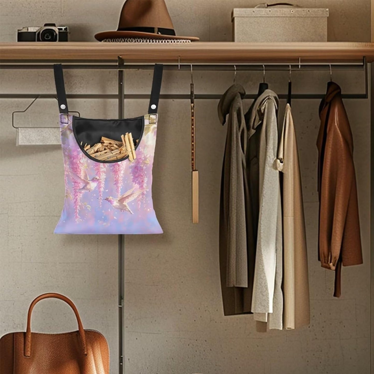 Clothespin Bag for Outdoor Laundry Clothesline and Clothes Pin Holder Clothespin Bag for Heavy Duty Outdoor Use - Hummingbird Flower