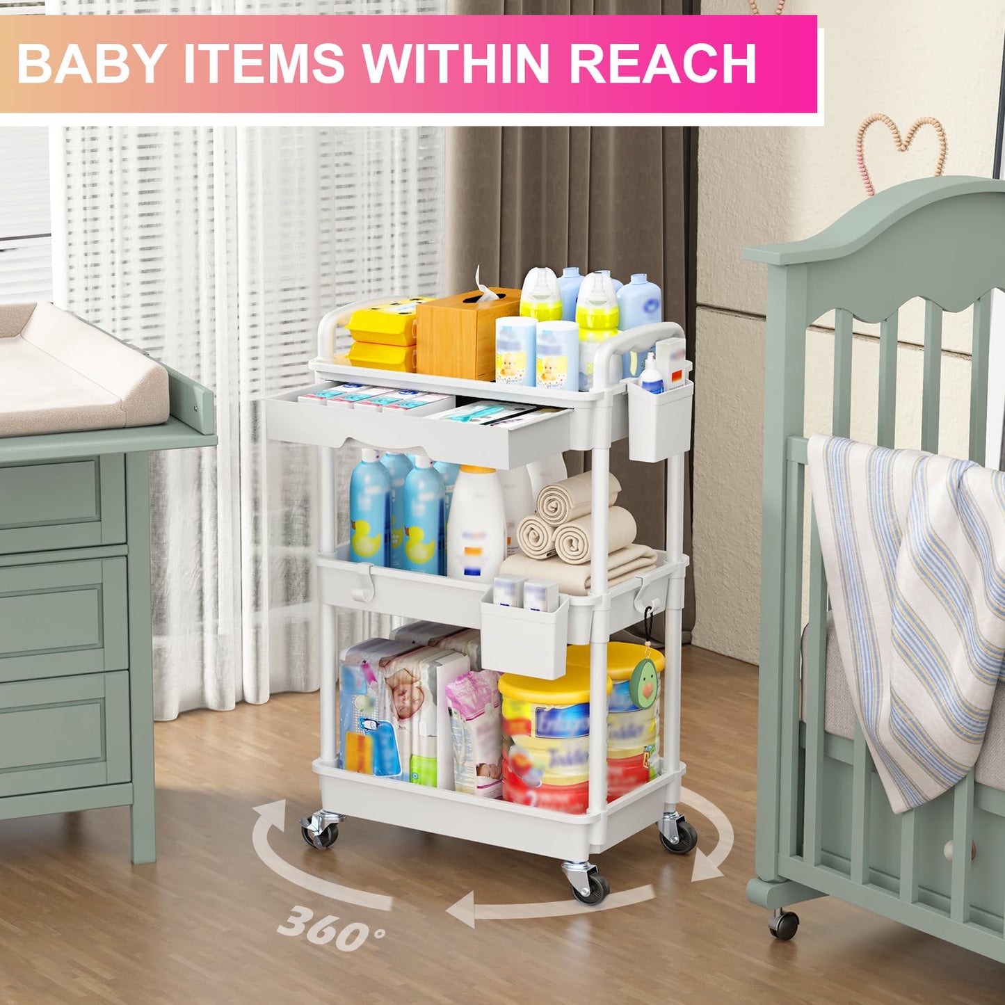 Goovilla 3 Tier Rolling Utility Cart Organizer with Removable Drawer, White