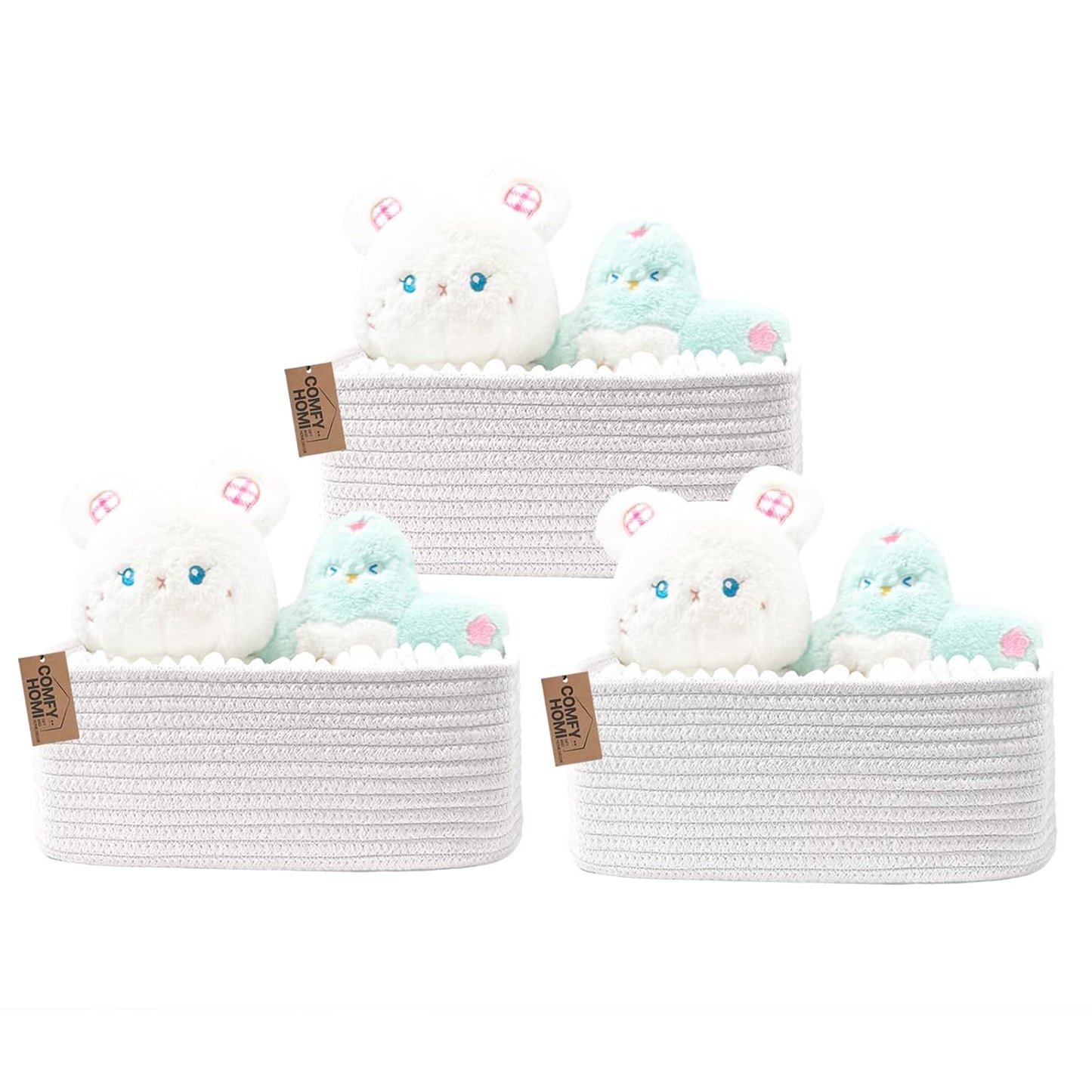COMFY-HOMI 13" x 8.5" x 5.1" Storage Baskets for Organizing | Cotton Rope Woven Basket | Toy Storage Bin Box | Basket for Shelves, Closet Organizer Bin, Decorative Closet Shelf, 3 Pack, White
