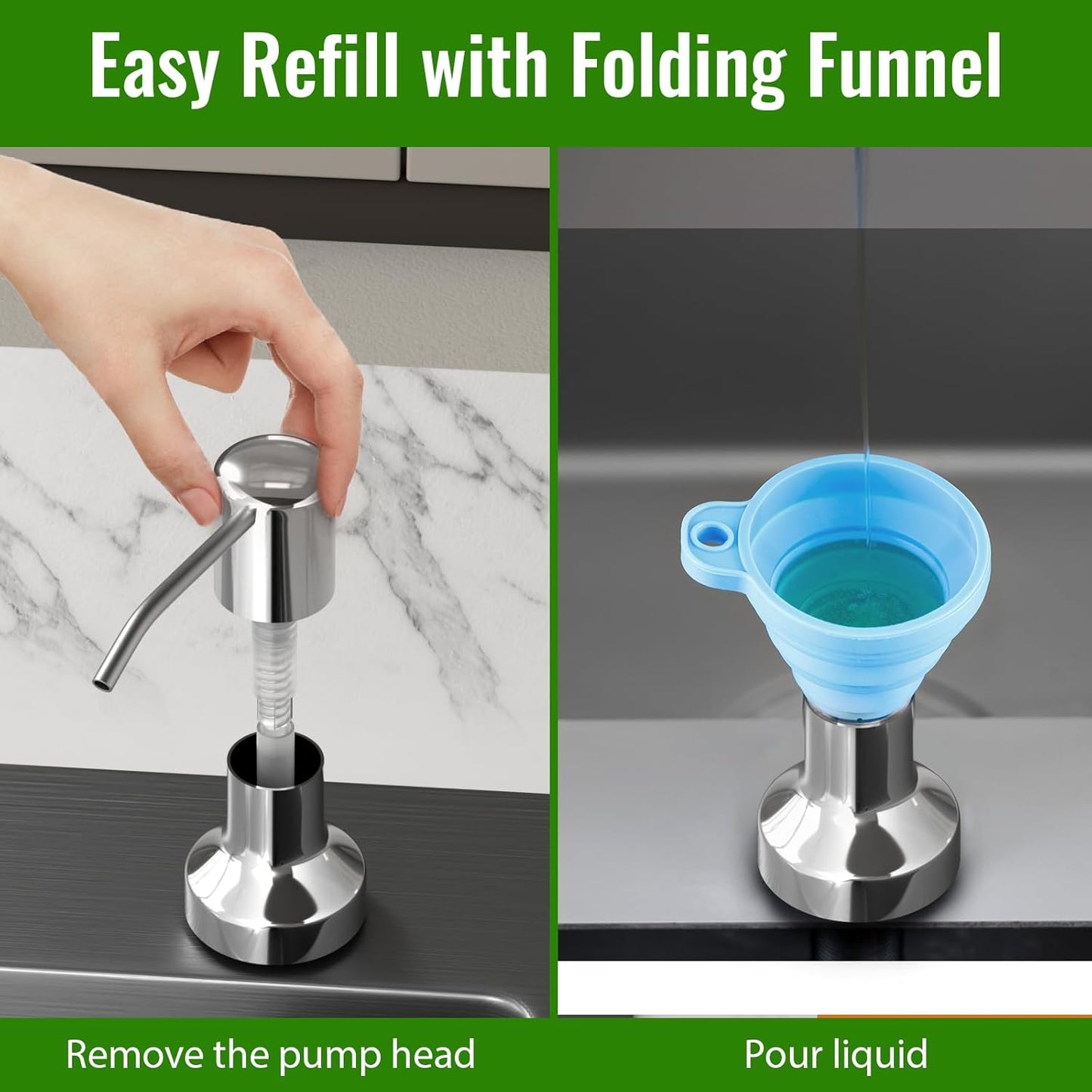 Soap Dispenser for Kitchen Sink, Kitchen Sink Soap Dispenser with 17 OZ Bottle, Refill from The Top Bar, Longer Threaded Shaft Shank, Wide Pump Head Base (Chrome)