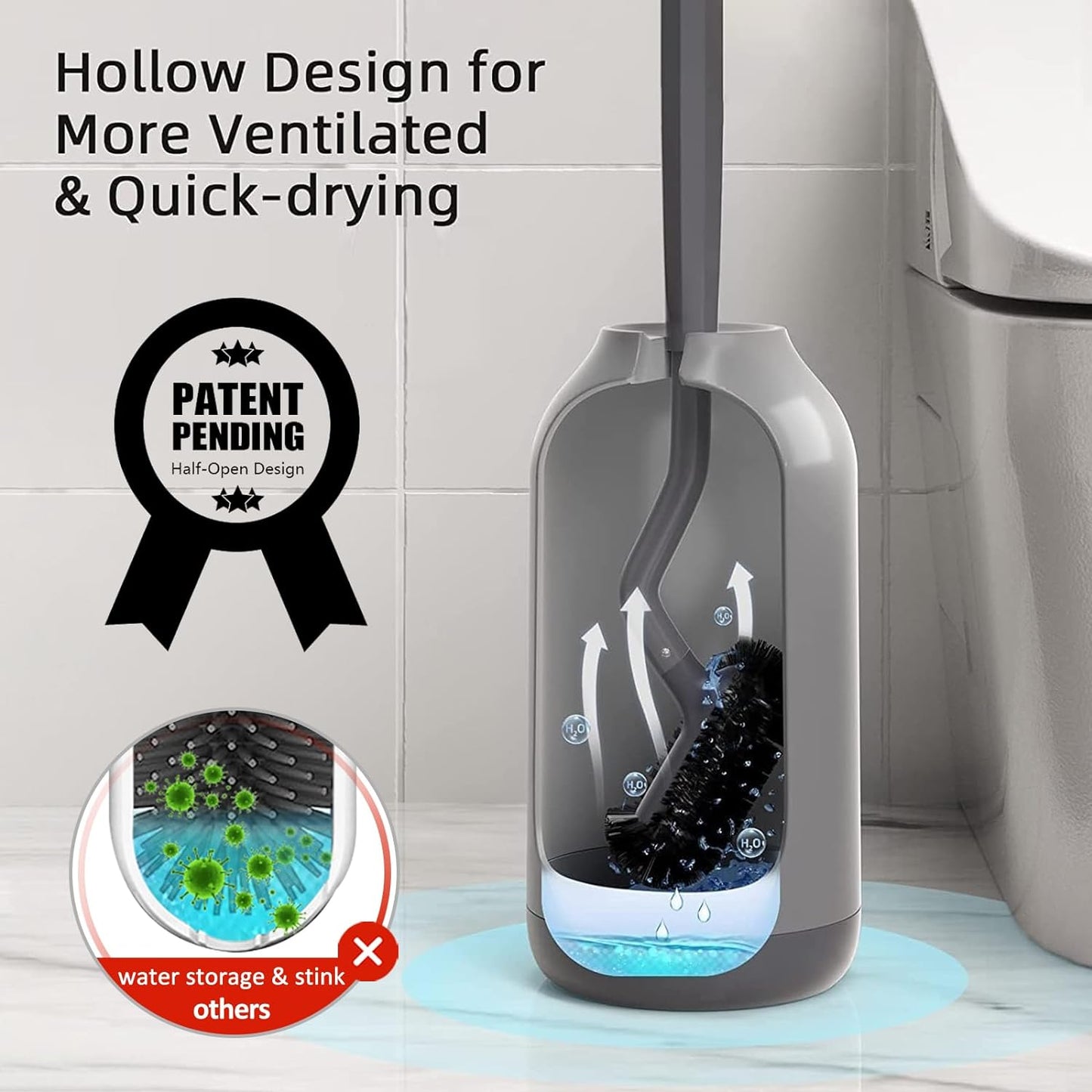 HAMITOR Toilet Bowl Brush Holder Set: Bathroom Deep Cleaning Toilet Cleaner Scrubber Under Rim with Curved Bristle for Dead Corner Clean - Hidden Rv Toilet Decorative Accessories with Caddy- Gray